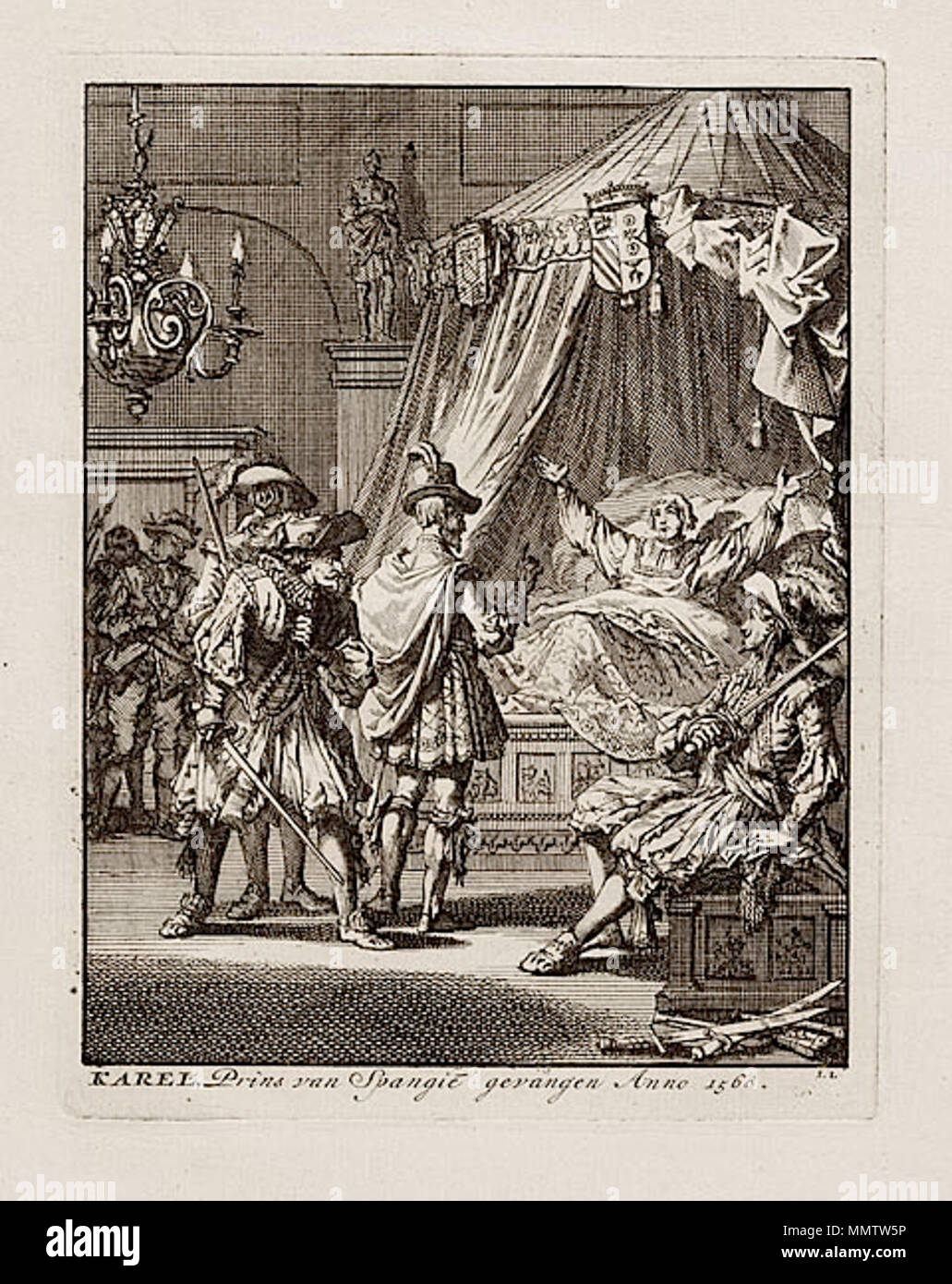 . Englisch: Karel, Prins van Spangié gevangen Anno 1568, Radierung von Jan Luyken. Carlos Prinz von Asturien inhaftiert (1568) Stockfoto
