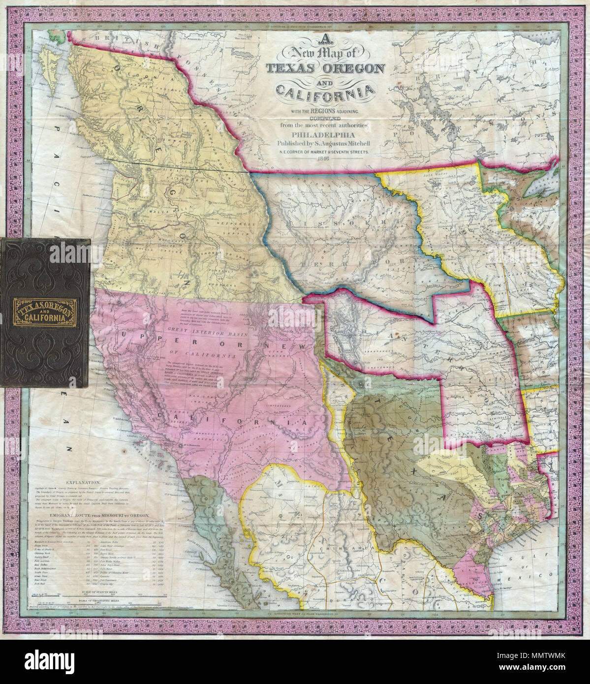 . Englisch: ein beeindruckendes Beispiel für Mitchell die wegweisenden 1846 pocket Karte von Texas, Louisiana, Mississippi, Missouri Gebiet, das indische Hoheitsgebiet (Oklahoma, obwohl in diesem Beispiel einschließlich der meisten von Kansas und Colorado). Diese wichtige Karte von Texas ist einer der ersten weit verbreiteten Karten der frühen Staatlichkeit. Diese Karte zeigt die Grenzen von Texas bis Santa Fe. Auch Texas' Anspruch auf die oberen Rio Grande im heutigen New Mexico. Diese Ansprüche wurden schließlich im Jahr 1850 "Guter Kompromiss", die US-Regierung darin Texas' öffentlichen Schulden übernommen. Zu machen Stockfoto