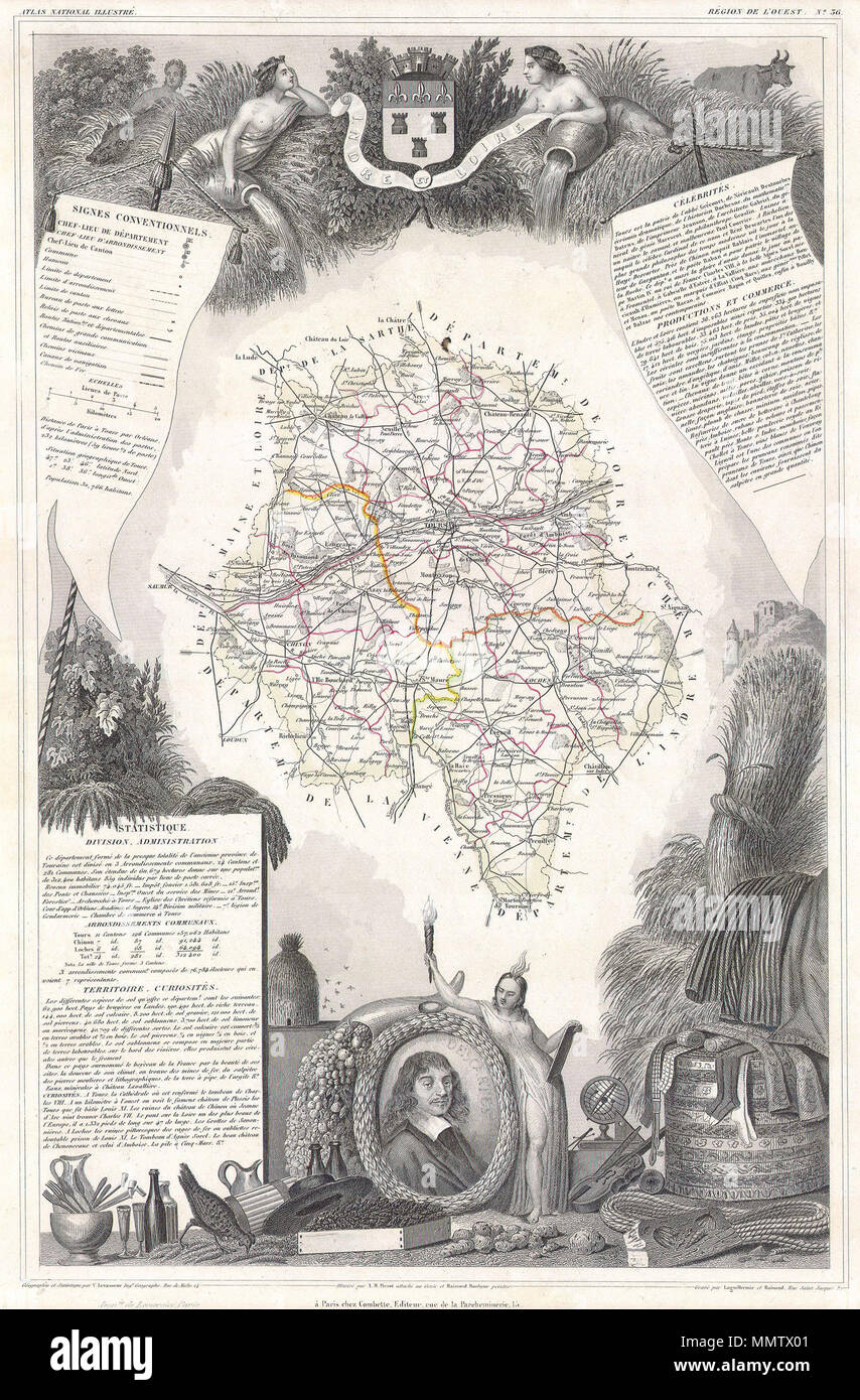 . Englisch: Dies ist eine faszinierende 1847 Karte von der Abteilung de L'Indre et Loire, Frankreich. Diese Region ist bekannt für seine feinen Weine, Landwirtschaft, Spirituosen, und Käse bekannt. Die Hauptstadt ist. Das Ganze wird von einer ausgeklügelten dekorativen Stichen entwickelt, um sowohl die natürliche Schönheit und den Reichtum des Landes zu veranschaulichen umgeben. Es ist eine kurze textuelle Geschichte der Regionen sowohl links als auch rechts auf der Karte dargestellt. Abt. De L'Indre et Loire. 1847. 1847 Levasseur Karte der Abt. D'Indre et Loire, Frankreich - Geographicus - IndreLoire - levasseur-1847 Stockfoto