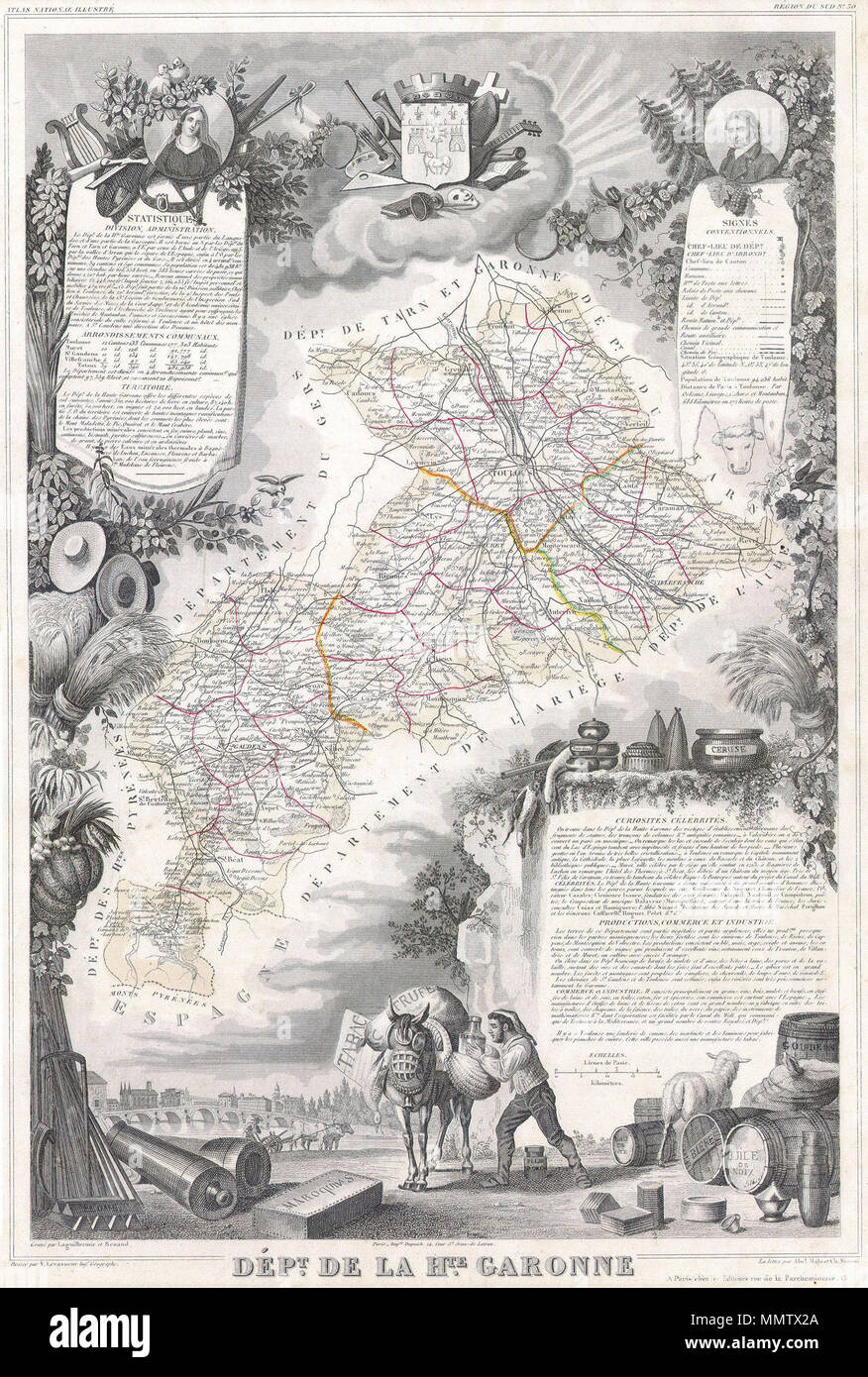 . Englisch: Dies ist eine faszinierende 1847 Karte von der Abteilung de la Haute Garonne, Frankreich. Diese Region ist für seine Trüffeln, Landwirtschaft, Spirituosen, Weine und Käse. Die Hauptstadt ist Toulouse. Diese Region ist auch ein wichtiger Stopp auf dem mittelalterlichen Pilgerweg nach Santiago de Compostella. Das Ganze wird von einer ausgeklügelten dekorativen Stichen entwickelt, um sowohl die natürliche Schönheit und den Reichtum des Landes zu veranschaulichen umgeben. Es ist eine kurze textuelle Geschichte der Regionen sowohl links als auch rechts auf der Karte dargestellt. Abt. De La Haute Garonne. 1847. 1847 Levasseur Karte von Stockfoto