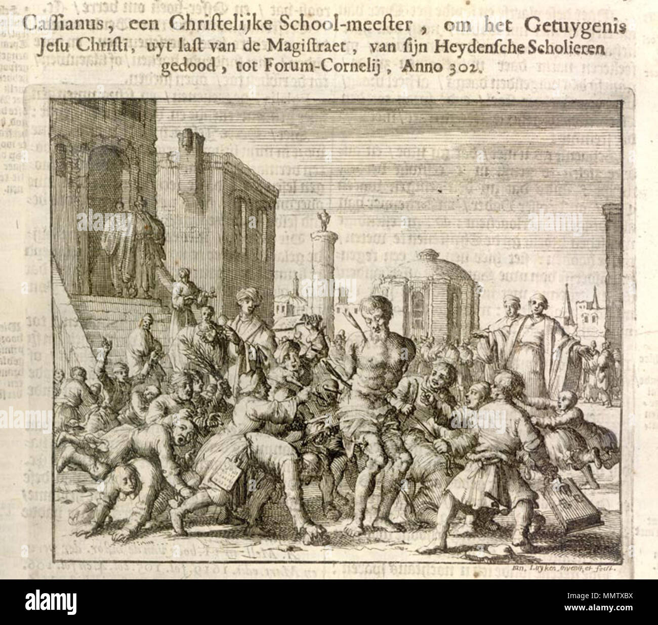 . "Cassianus (Cassian) von Imola von seinen Schülern getötet." Die Märtyrer Spiegel, dies ist eine Radierung von Jan Luyken (1649-1712). . 17. Jahrhundert. Jan Luyken CassianusofImola Stockfoto