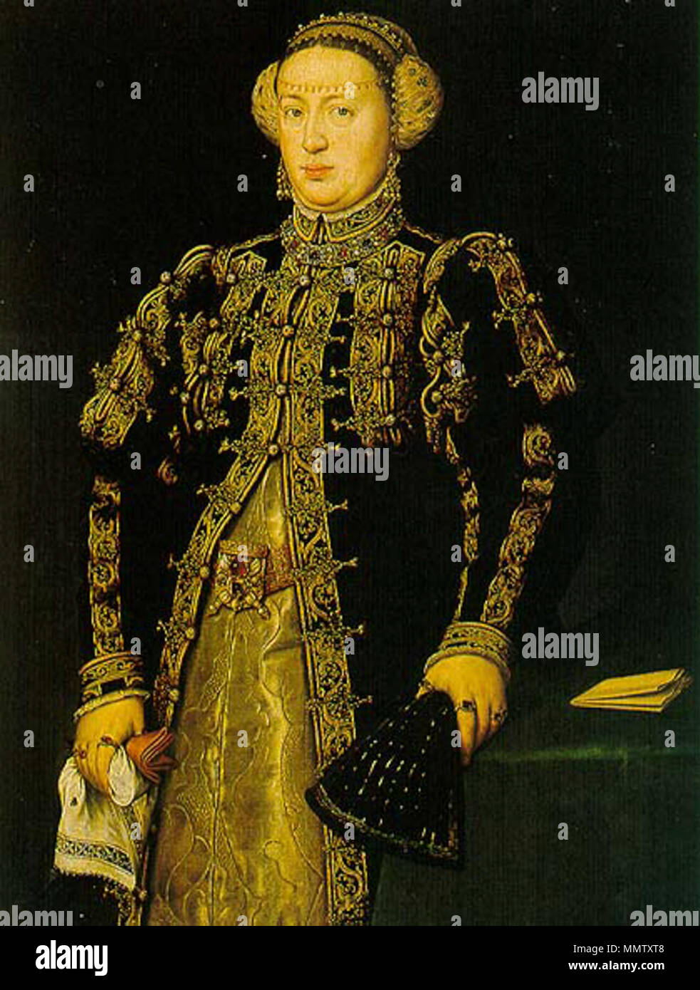 . Español: Retrato de la Reina Catalina de Austria (1507-1578), Que fue hija de la Reina Juana I de Castilla y de Felipe el Hermoso y Reina consorte de Portugal por su matrimonio con el Rey Juan III de Portugal. Englisch: Katharina von Österreich, Königin von Portugal, der Tochter König Felipe I von Spanien, und Infanta Juana von Spanien (Juana La Loca), Frau von König João III. von Portugal, der Mutter des Prinzen João Manuel von portgual. Catalina de Austria, Reina consorte de Portugal. ca. 1552-1553. Catherine sigaug Stockfoto