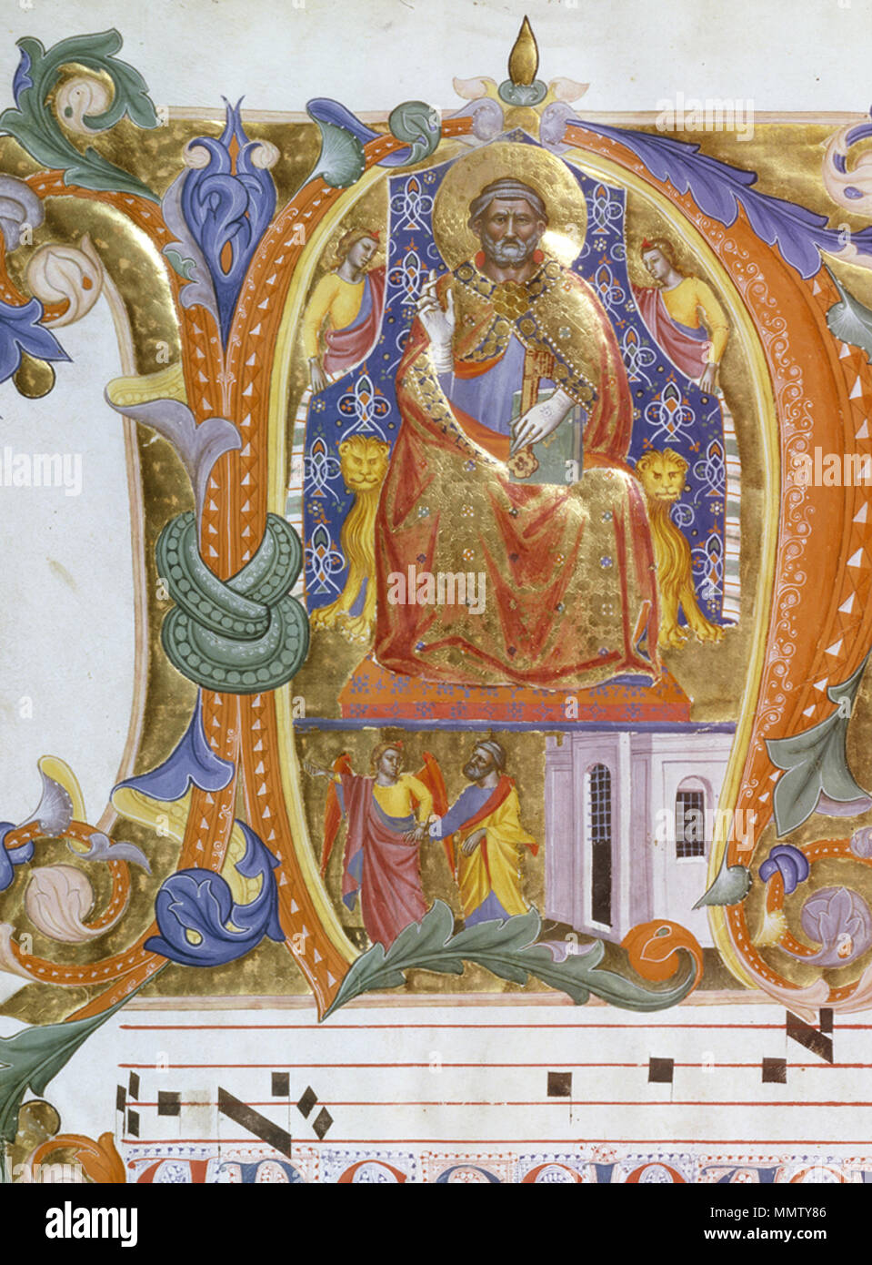 W. 153.35 V Cenni di Francesco di Ser Cenni (Italienisch, aktive 1369-1415). "Anfängliche N mit St. Peter thront und die Befreiung des Hl. Petrus' Ca. 1380. Tinte, Farbe und Gold auf Pergament. Walters Art Museum (W. 153.35 V): Von Henry Walters, 1901 erworben. Cenni di Francesco di Ser Cenni - Erste N mit St. Peter thront und die Befreiung des Hl. Petrus - Walters W 15335 V-Reverse Detail Stockfoto