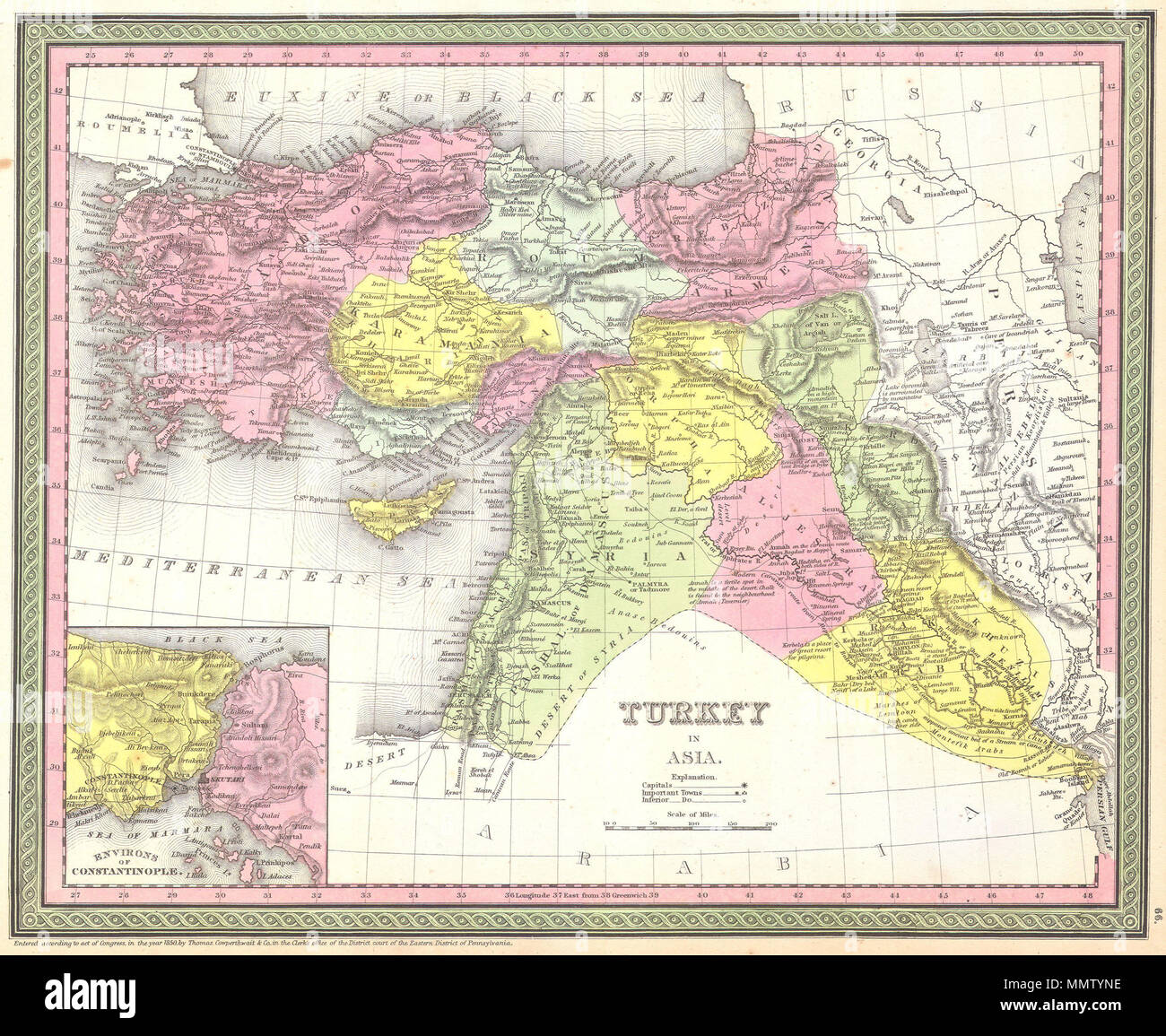 . Englisch: Diese schönen farbigen Karte ist ein lithografischen Gravur der Türkei in Asien, dem Jahre 1850. Schöne Karte zeigt die meisten der modernen Nationen der Türkei, Iran, Irak, Israel, Palästina, Jordanien, Syrien, Libanon, Kuwait. Es ist eine schöne Einfügung von der Umgebung von Konstantinopel oder Istanbul. Durch die legendäre amerikanische Karte Verlag S. A. Mitchell Sr in Zusammenarbeit mit der Firma Cowperthwait von Philadelphia, PA. Veraltet und urheberrechtlich geschützten" 1850 von Thomas Cowperthwait&Co im Büro der Sekretärin des District Court des Eastern District von Pennsylvania.". Die Türkei in Asien.. 1. Stockfoto