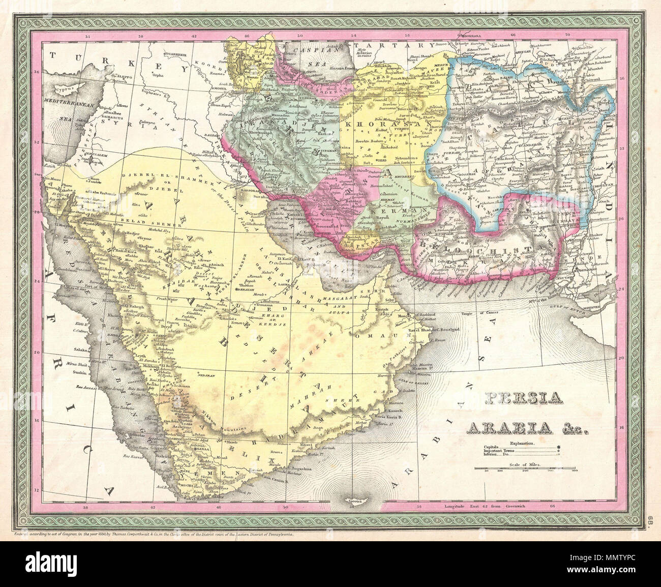 . Englisch: Ein schönes Beispiel für S. A. Mitchell Sr ist wichtig, C. 1850 Karte von Arabien, Persien und Afghanistan. Deckt die Region aus dem Mittelmeer und dem Roten Meer nach Osten bis nach Indien, einschließlich aller modernen Saudi-Arabien, Israel, Jordanien, Syrien, Iran, Irak, Kuwait, Afghanistan und Teile von Pakistan. Mitchell bietet eine Fülle von Details im gesamten, Berge, Wüsten, Flüsse, Quellen, Karawanen, Städte, Dörfer, Festungen und eine Auswahl an zusätzlichen politischen und topographischen Elementen. Karte ist von Hand eingefärbt in den Farben rosa, grün, gelb und blau Pastell zu definieren nationale und regi Stockfoto
