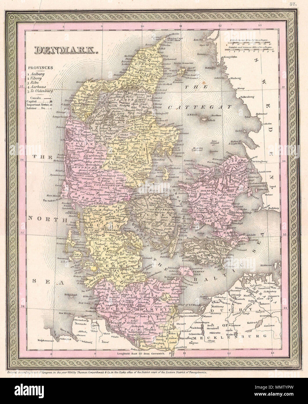 . Englisch: ein feines Beispiel S. A., Mitchell's Senior 1850 Karte von Dänemark. Shows Städte, Straßen, Bahnstrecken, Kanäle, und einige topographische Merkmale. Die Farbe je nach Provinz kodiert, einschließlich das Herzogtum Holstein. Enthält Teile von benachbarten Schweden und Deutschland. 1850 datiert und urheberrechtlich geschützt. Dänemark.. 1850 (veraltet). 1850 Mitchell - Cowperthwait Karte von Dänemark - Geographicus - Dänemark - cowperthwait-1850 Stockfoto