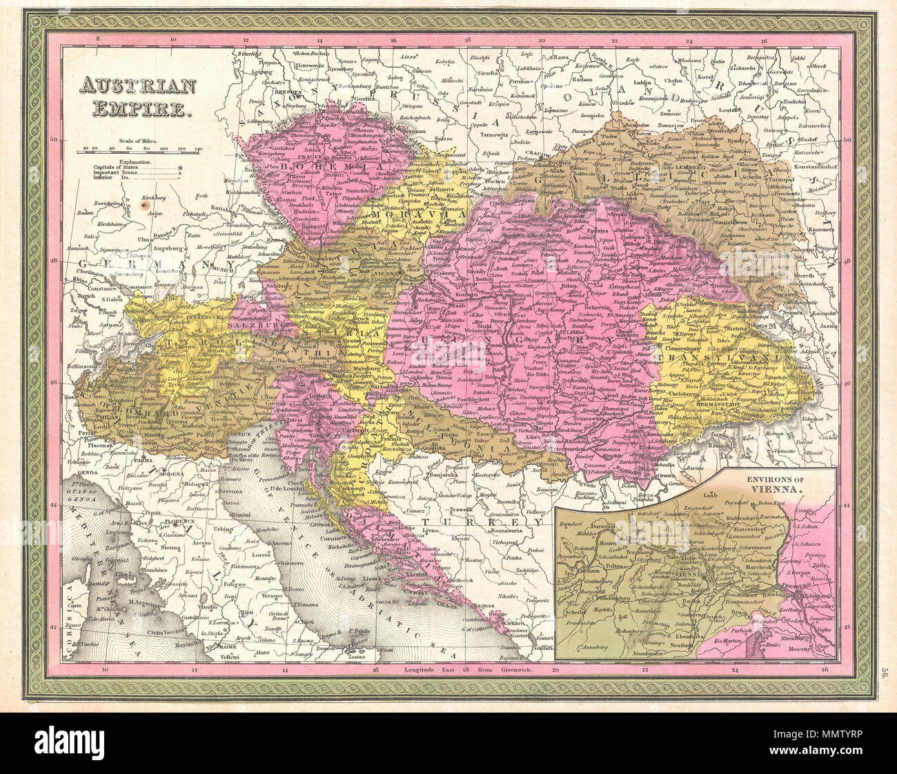 . Englisch: Ein äußerst attraktives Beispiel für S. A. Mitchell Sr's 1850 Karte des österreichischen Kaiserreiches. Beinhaltet viel von der heutigen Österreich, Ungarn, Rumänien, Albanien, Serbien und Kroatien. Zeigt das gesamte Land Farbe nach einzelnen Staaten codiert. Rechten unteren Quadranten verfügt über eine Übersichtskarte der Umgebung von Wien. Durch die grüne Grenze gemeinsame zu Mitchell Karten aus den 1850s umgeben. Von S. A. Mitchell für Ausgestellt als Platte Nr. vorbereitet 56 In der 1850 Ausgabe seines neuen Universal Atlas. Kaiserreich Österreich.. 1850 (undatiert). 1850 Mitchell Karte von Österreich, Ungarn und Siebenbürgen - Geographicu Stockfoto