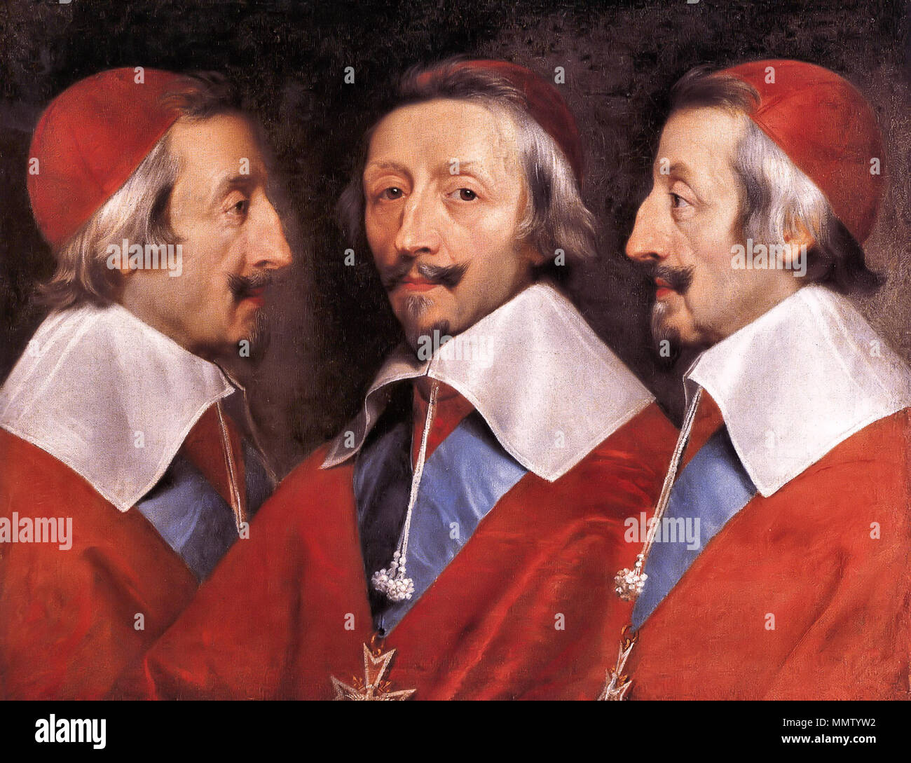 . Armand-Jean du Plessis, Duc und Kardinal de Richelieu (1585-1642), mit der Bestellung von Saint-Esprit. Er wurde ein Kardinal im Jahr 1622 und dem Ministerpräsidenten von Frankreich. Triple Portrait von Cardinal de Richelieu. ca. 1642. Kardinaal de Richelieu Stockfoto