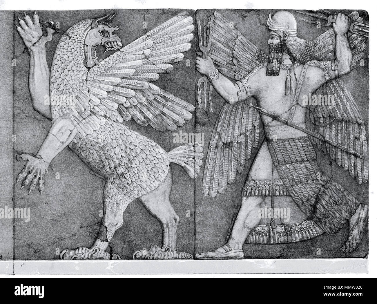 . Englisch: Darstellung von Anzu verfolgt von Ninurta, Palast, Ninive. Schwarze und weiße Getreide der vollständige Gravur platte Chaos Monster und Sun God Scan Stockfoto