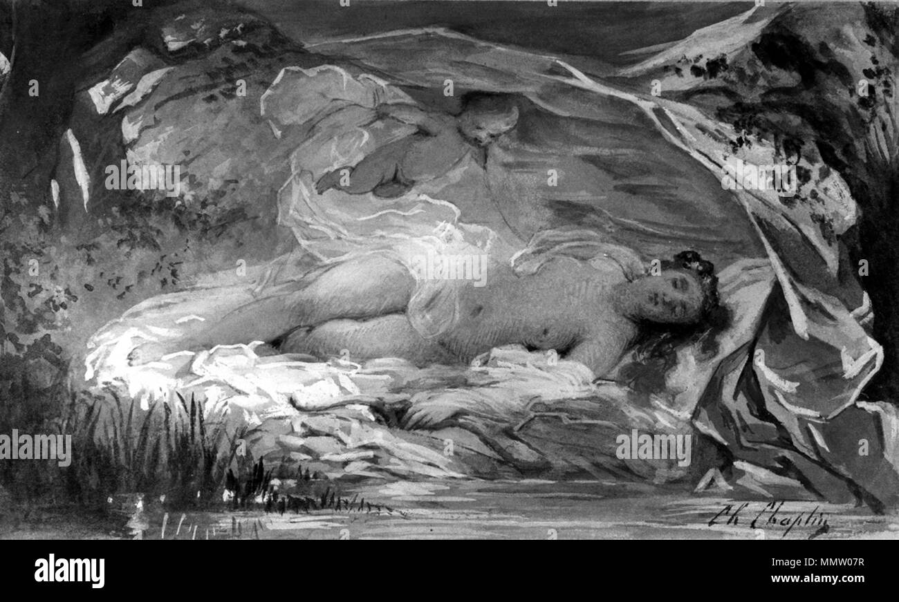 37.1640 Charles Chaplin (Französisch, 1825-1891). "Venus und Amor", Ca. 1850. Aquarell mit Weiße und Rote Kreide auf Sahne, mäßig dick, leicht strukturierte webte Papier. Walters Art Museum (37.1640): Erworben durch William T. Walters. Charles Chaplin - Venus und Amor - Walters 371640 Stockfoto