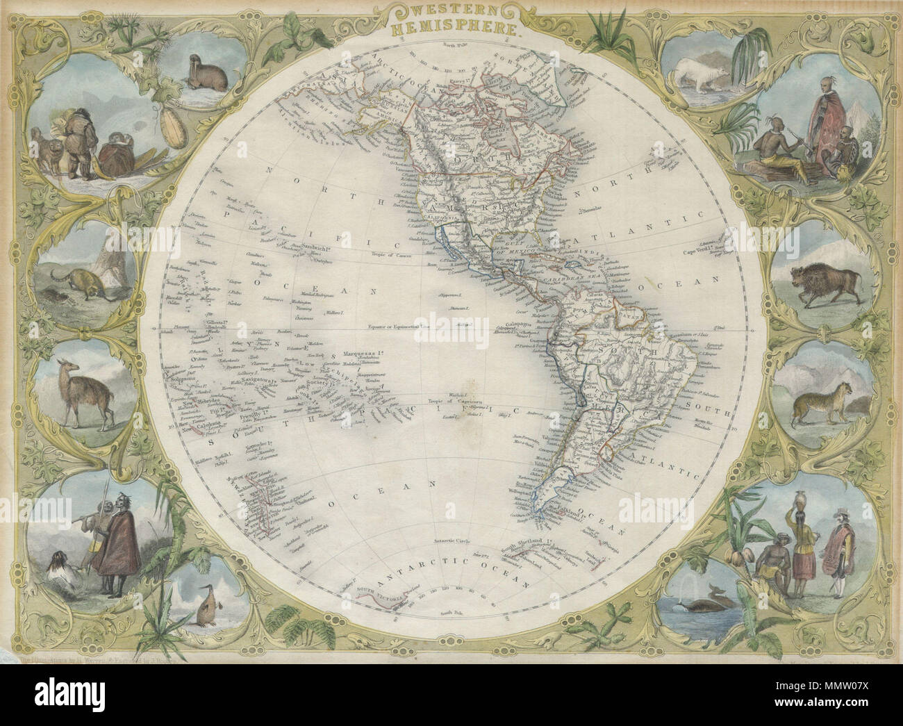 . Englisch: Dies ist eine äußerst attraktive Farbe Beispiel für dekorative John Tallis' Karte der westlichen Hemisphäre. Deckt sowohl die Nord- und Südamerika sowie Teilen der Karibik, Antarktis, und Sibirien. Zeigt Texas sowohl als Teil der und getrennt von den Vereinigten Staaten, mit ein schwaches, aber farblosen Grenze - die keiner der anderen Staaten und Territorien haben. Antarktis in nur sketchily gezeichnet. In der Nähe der Südspitze von Südamerika die mythische Aurora Inseln werden angezeigt. Die Aurora Inseln waren eine Gruppe von drei Inseln, die erstmals in 1762 berichtet von der spanischen Schiff Aurora beim Segeln von L Stockfoto