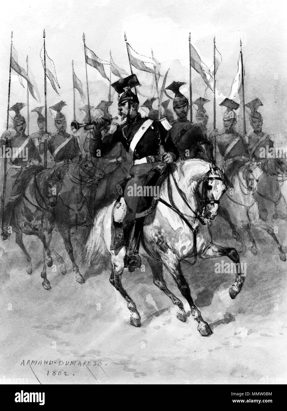 37.1587 Charles Edouard Armand-Dumaresq (Französisch, 1826-1895). "Kavallerie auf Parade", 1862 Aquarell mit Graphit underdrawing auf Sahne, mäßig dick, mäßig strukturierten webte Papier. Walters Art Museum (37.1587): Erworben durch William T. Walters. Charles Edouard Armand-Dumaresq - Kavallerie auf Parade - Walters 371587 Stockfoto