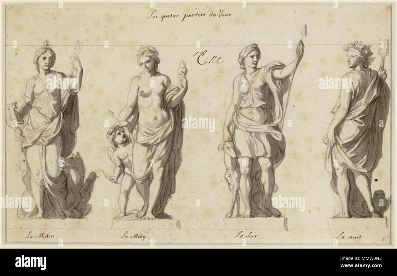 . Teil der Reihe die vier Teile des Tag, Teil der Grande bestellen. Französisch: Les Quatre Parties du jour Die vier Teile des Tages Français: Dessin préparatoire pour les sculpteurs de la Grande bestellen. Englisch: Vorbereitende Zeichnung für die Bildhauer der Grande bestellen. 17. Jahrhundert. Charles Le Brun-Grande Commande-Les Quatre Parties du jour Stockfoto