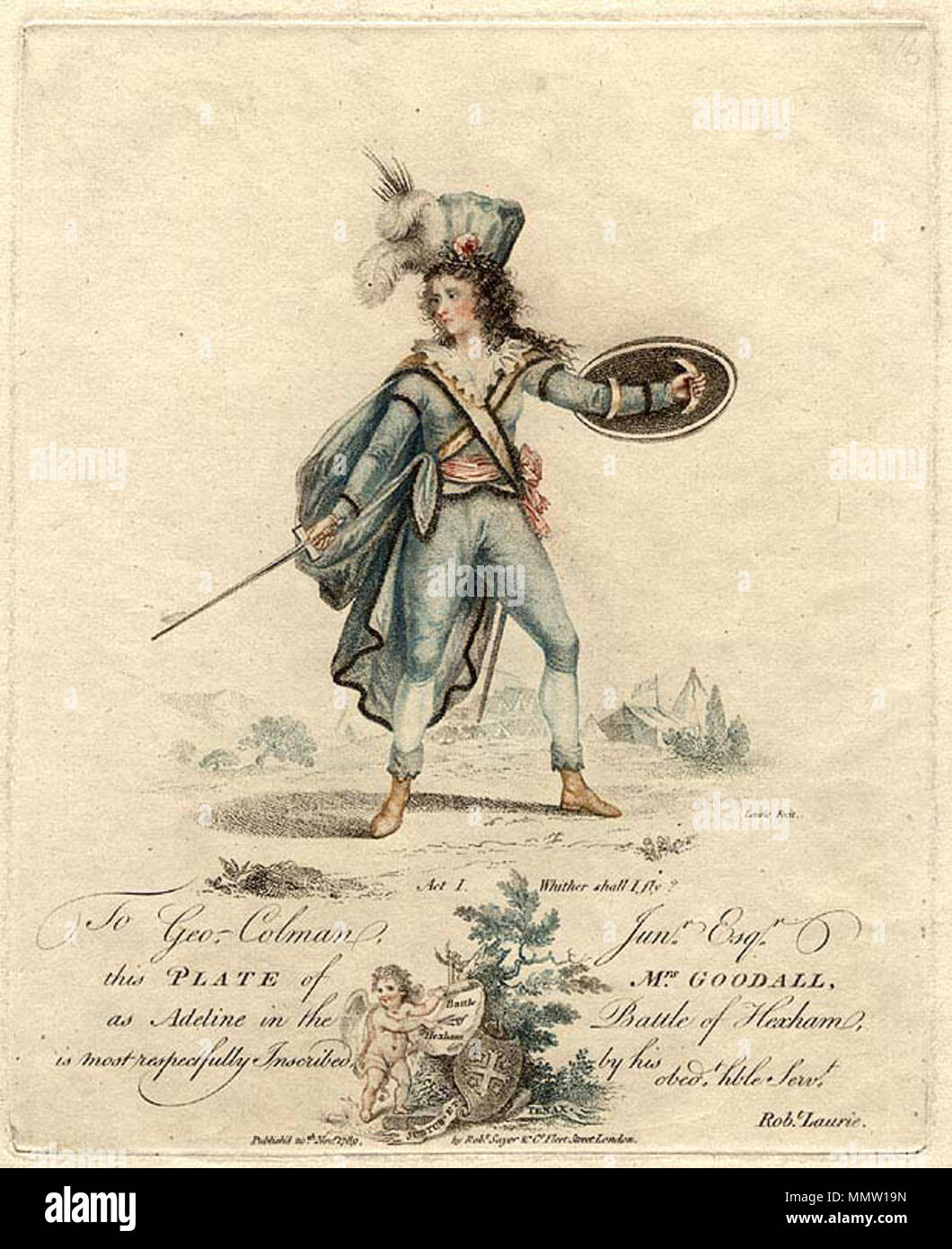 . Englisch: Charlotte Goodall in Latzhosen Rolle. Als Adeline für die Schlacht von Hexham (1766 - Juli, 1830) war eine britische Schauspielerin für ihre Komödie Rollen an der Drury Lane bekannt. Sie heiratete Thomas Goodall und sie wurden in einem bekannten Fall beteiligt. . 1789. Charlotte Goodall in Latzhosen Rolle Stockfoto