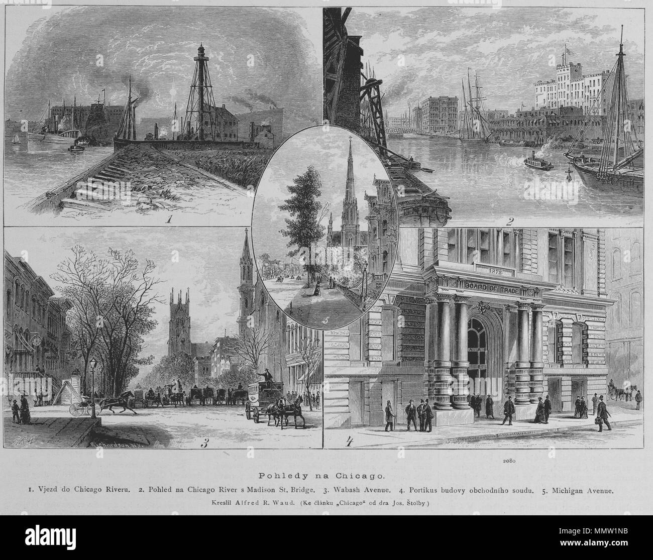 . Blick auf Chicago, eine Illustration zu einem tschechischen Sprache Artikel Chicago von Josef Štolba (1846 - 1930) in Zlatá Praha Magazin. Mit: 1. Eintrag in Chicago River, 2. Blick auf den Chicago River von Madison Street Bridge, 3. Wabash Avenue, 4. Portal der Board of Trade, 5. Michigan Avenue. . 10. Juni 1887. Chicago 1887 Waud Stockfoto