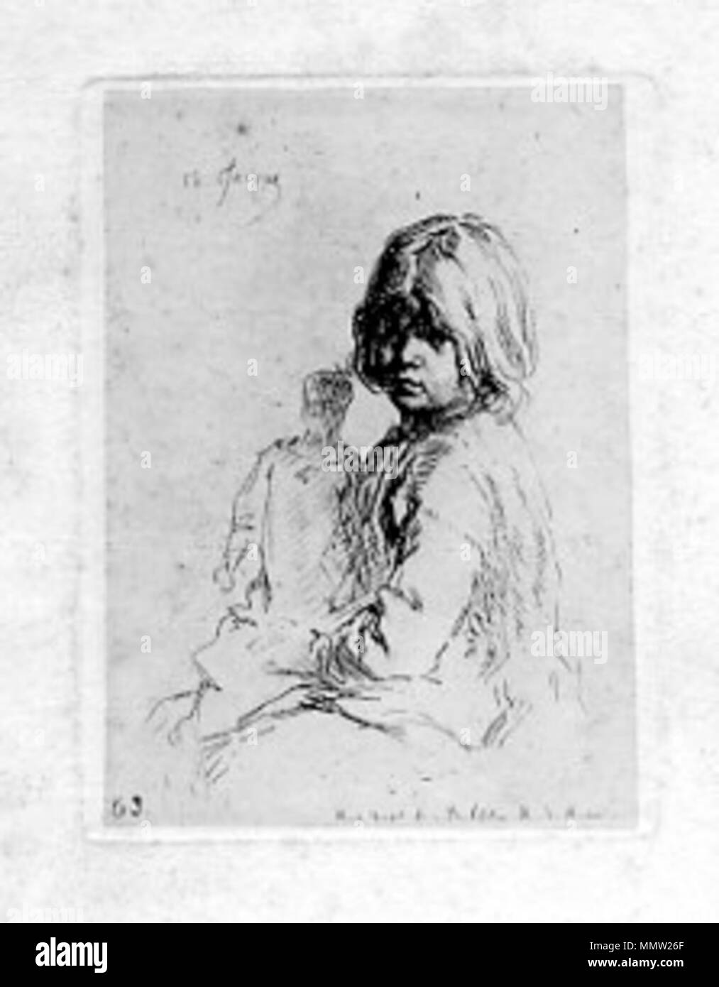 . Eau-Forte de Charles Jacque représentant sa fille Marie. . 1840. Charles Jacque (1813 - 1894) Beschreibung der französische Maler und Graveur Geburtsdatum / Tod 23. Mai 1813 7. Mai 1894 Ort der Geburt / Todes Paris Paris arbeiten Standort Paris, Antwerpen, London, Blackcamo Authority control: Q 125409 VIAF:?:? ISNI 12426824 0000 0000 8091 7687 ULAN:?? n 500027865 LCCN: 84168010 WGA:? JACQUE, Charles Émile WorldCat Ch Jacque-Marie Stockfoto