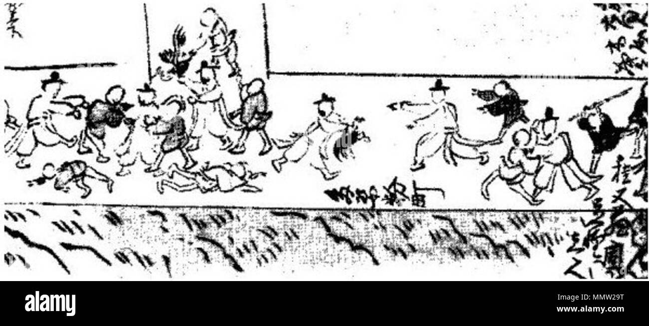 . Ein Bild von einer Botschaft der Koreanischen Yi Dynastie zu japanischen Tokugawa Shogunat 1748 gesendet. （朝鮮通信使 조선 Chosenjintsushinshi の一行が町人が飼っている鶏を盗み逃げようとしたところ喧嘩になった様を描いている絵 통신사）。 Stockfoto