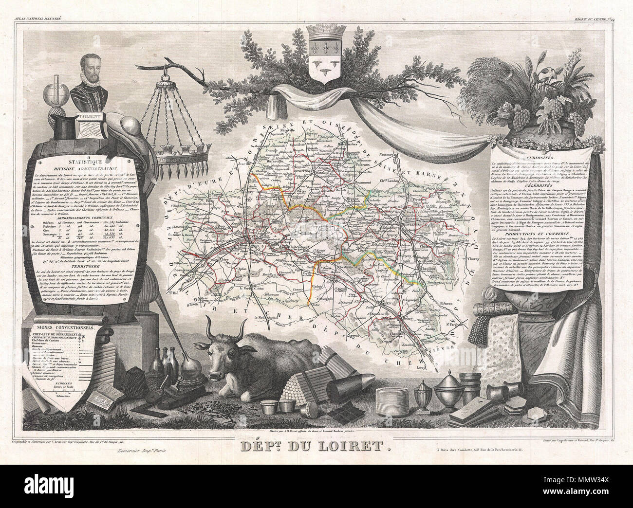 . Englisch: Dies ist eine faszinierende 1852 Karte des französischen Départements Indre-et-Loire, Frankreich. Rund um die Stadt Orleans, Loiret ist das Herz von Frankreich angesehen und ist ein eingetragenes Weltkulturerbe der UNESCO. Dieser Bereich von Frankreich ist auch Teil der Loire Valley Wine Region, und ist besonders für seine Produktion von Pinot Noirs und Gris Meuniers im Orleans bekannt. Die Karte ist richtig durch aufwändige dekorative Stiche, die sowohl die natürliche Schönheit und den Reichtum des Landes zu veranschaulichen umgeben. Es ist eine kurze textuelle Geschichte der Regionen dargestellt auf der linken und rechten s Stockfoto