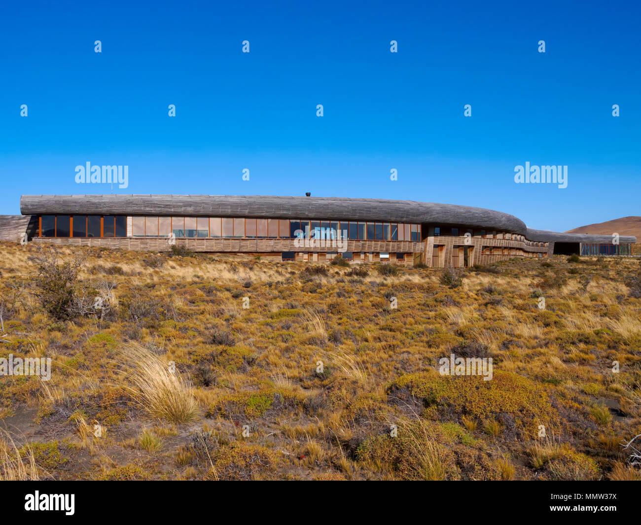 Tierra Patagonia Hotel. Einzigartige aarchitecture entwickelt, um in den umliegenden Pampas zu Mischung von chilenischen Architekten Cazu Zegers. Die Struktur ist fr gebaut Stockfoto