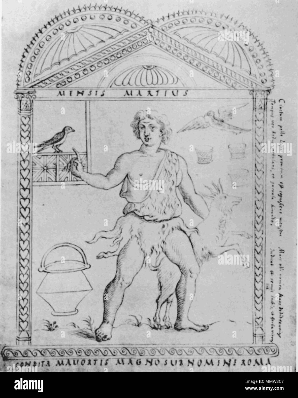 . Englisch: Monat März von in der Chronography von 354 Vom 4. Jahrhundert kalligrapher Filocalus. Die Kopien der ursprünglichen Abbildungen sind Federzeichnungen in einer Handschrift aus dem 17. Jahrhundert Barberini Sammlung (Vatikanische Bibliothek, cod. Barberini lat. 2154). English: Der Monat März im Chronograph von 354 des spätantiken Kalligraphen Filocalus. Die Kopien sind Federzeichnungen des 17. Jahrhunderts in einem Manuskript der Barberini-Sammlung", "heute in der Vatikanischen Bibliothek (Cod. Barberini lat. 2154). Chronography von 354 Mensis Martius Stockfoto