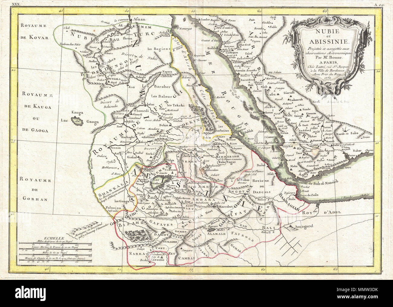 . Englisch: Ein schönes Beispiel für die Rigobert Bonne 1771 Karte von Nubien und Abessinien. Abdeckungen von Assuan, Ägypten Süden entlang des Nil alle des heutigen Sudan, Äthiopien, Eretria, Djibouti und Somalia zu gehören. Umfasst auch Teile der angrenzenden Arabien über das Rote Meer. Dies ist eine ziemlich fortschrittliche Karte aufdecken der kartografischen Raffinesse der Abessinier Empire. Zeigt der Blaue Nil richtig fließen in den See Dambea (Lake Tana) aus dem Süden. Anmerkungen zahlreiche wichtige Katarakte auf dem Blauen Nil. Der Weiße Nil, der Kurs wird noch geheimnisvoller, dient als eine Art westlichen Grenze für diese Stockfoto