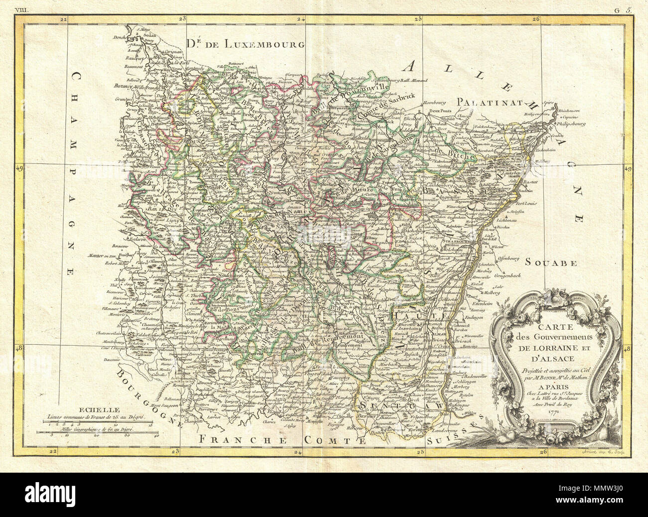 . Englisch: Ein schönes Beispiel für die Rigobert Bonne dekorative Karte der Französischen Weinproduktion Regionen Elsass und Lothringen. Abdeckungen von Champagner osten Souabe, Nord, Luxemburg, und im Süden an die Schweiz. Dieser region, die Hände mehrmals zwischen Frankreich und Deutschland gehandelt, ist bekannt für seine außergewöhnliche Küche, Weine, und einzigartige Kultur. Eine große dekorative Titel Kartusche erscheint in der rechten unteren Quadranten. Von R.Bonne im Jahr 1771 für die Ausgabe als Platte Nr. gezeichnet G5 in Jean Lattre die 1776 Ausgabe des Atlas Moderne. Carte des Gouvernements de Lorraine et d'Alsace. 1771 (undatiert). 1771 Bonn Stockfoto