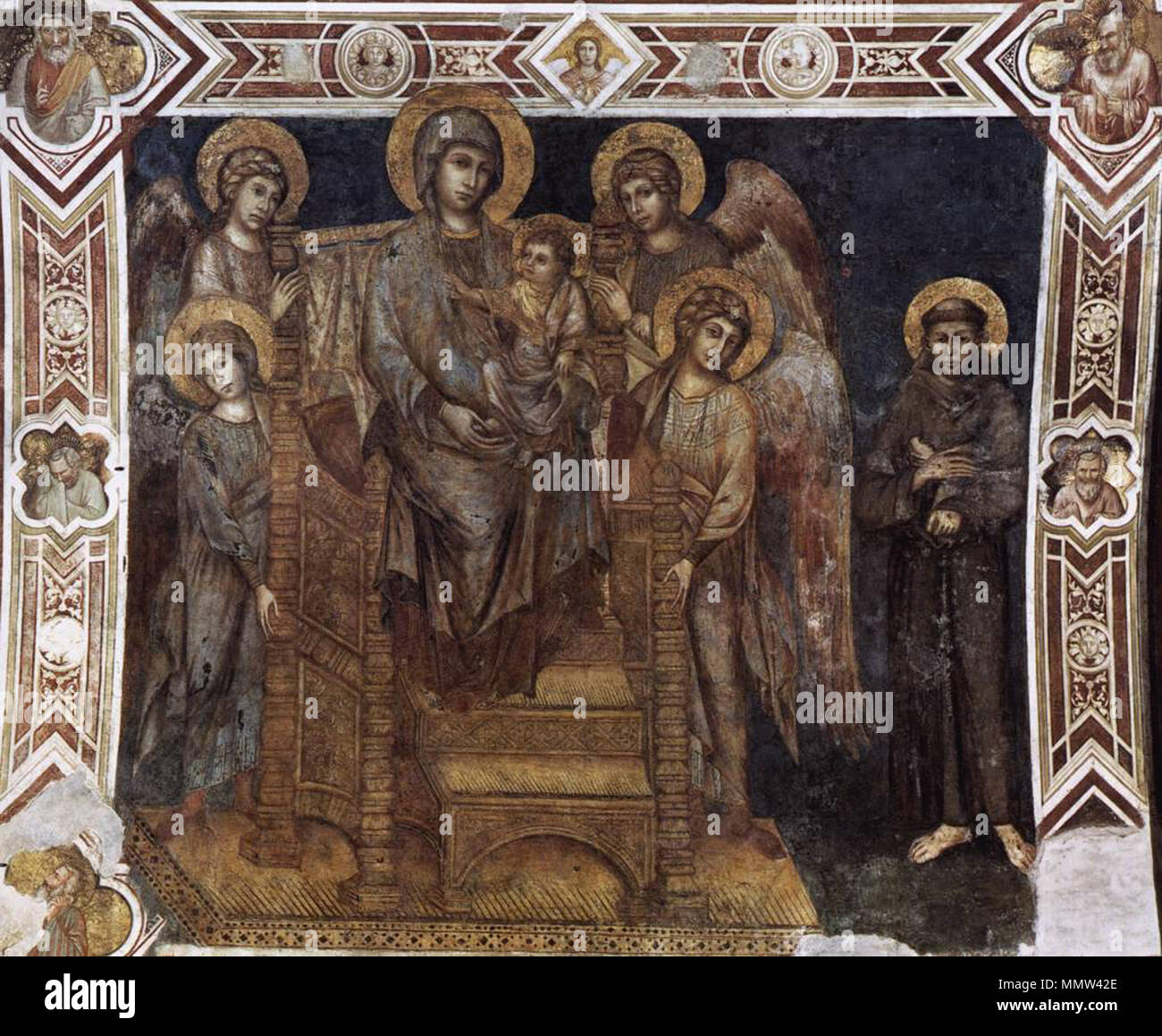 Thronende Madonna mit dem Kind, der hl. Franziskus und die vier Engel. zwischen 1278 und 1280. Cimabue - Thronende Madonna mit dem Kind, der hl. Franziskus und die vier Engel - WGA 04920 Stockfoto