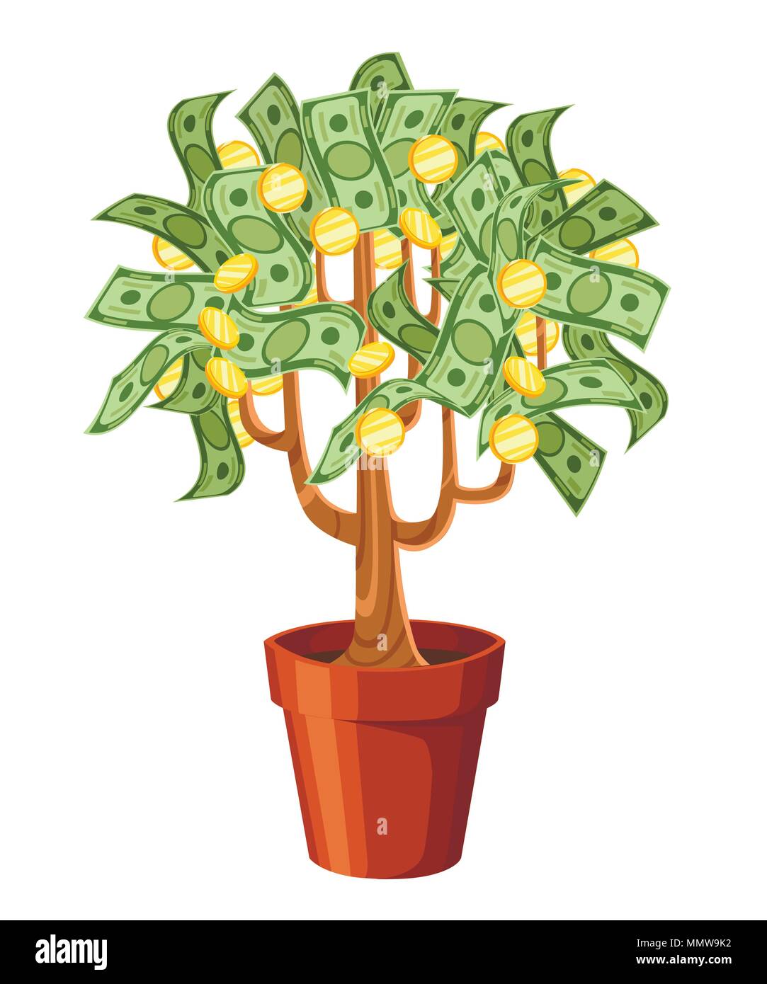 Money Tree. Grüne Bargeld Euro-Banknoten mit goldenen Münzen. Baum in einem keramiktopf. Vector Illustration auf weißem Hintergrund. Web site Seite und Mobile Stock Vektor