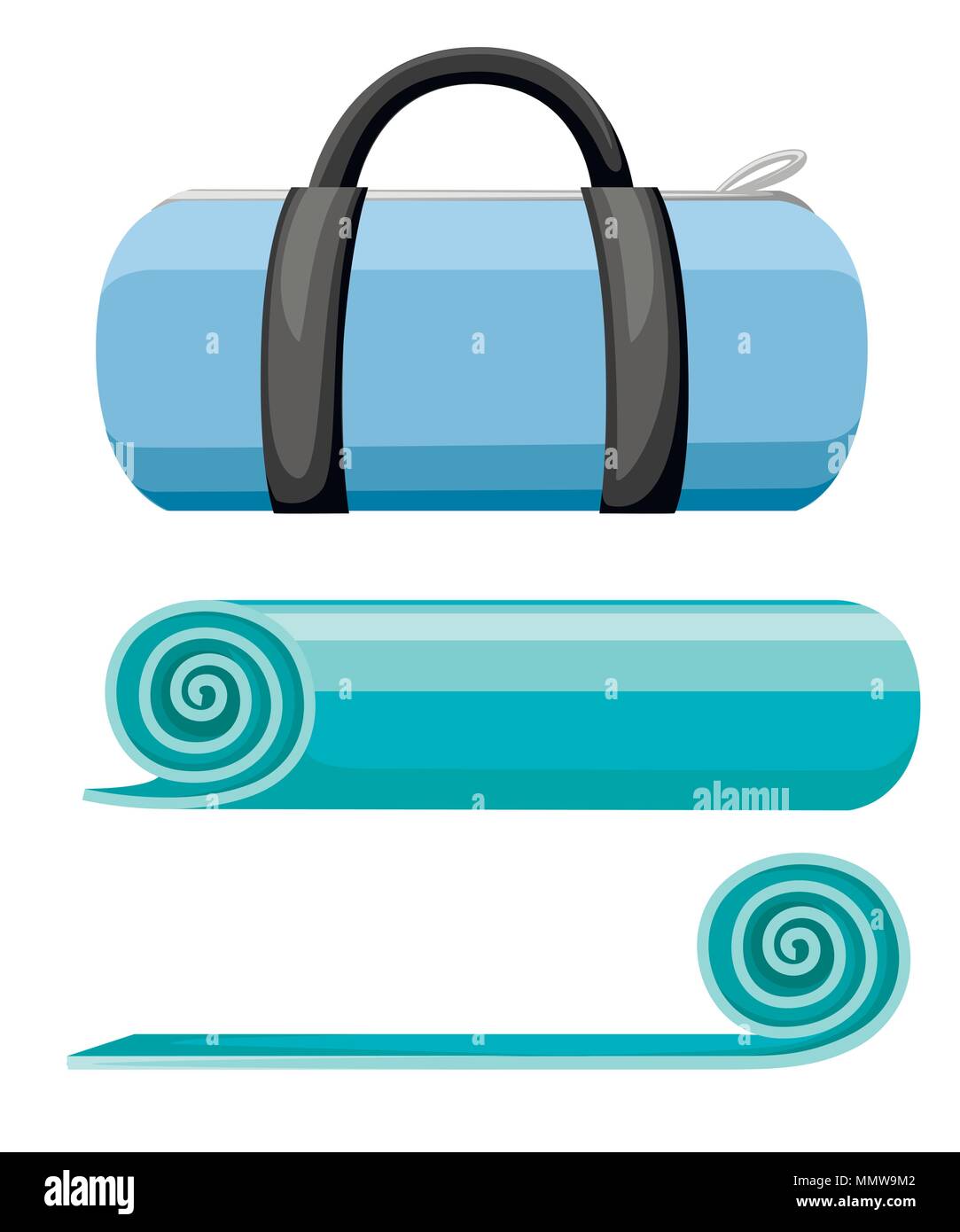 Trainingsmatte und Sporttasche. Gerollt und offenen türkis Yoga Matte. Vector Illustration auf weißem Hintergrund. Stock Vektor