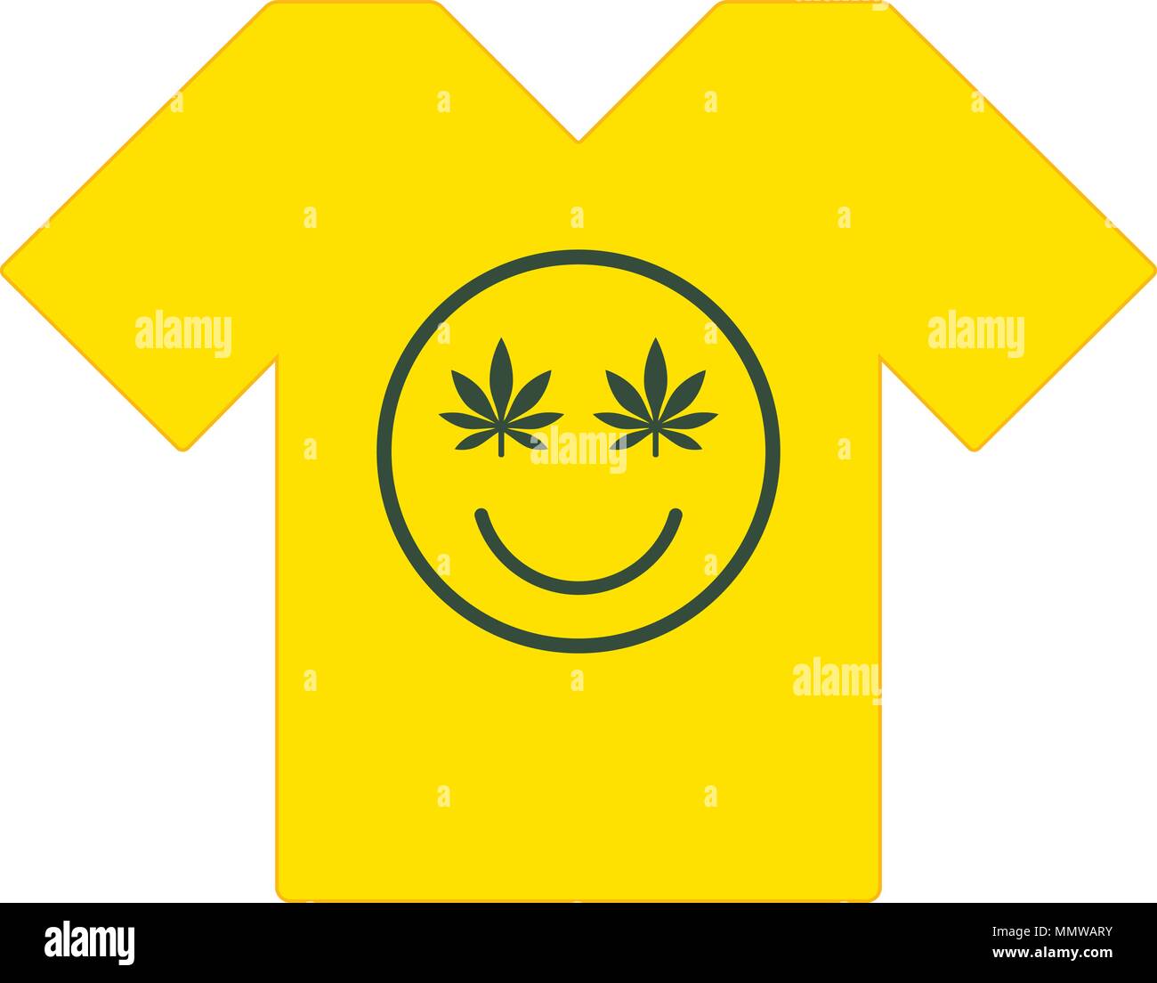 Marihuana Smiley. Cannabis Lächeln. Gelb t-shirt. Lächelndes Gesicht aus Unkraut verlässt. T-shirt Vorlage. Isolierte Vector Illustration. Stock Vektor