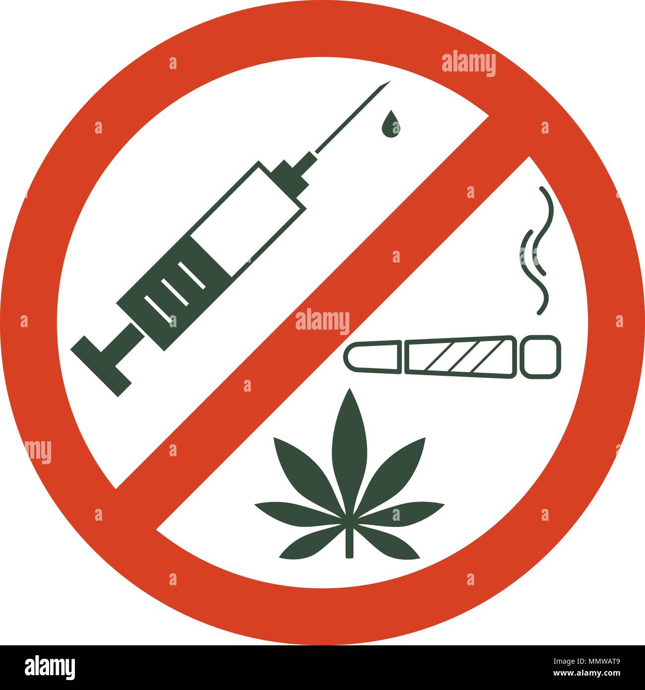 Keine Drogen erlaubt. Drogen, Marihuana Blatt mit verbotenen Zeichen - keine Droge. Drogen Symbol in Verbot roten Kreis. Anti Drogen. Nur Nein sagen. Isolierte Vektor Stock Vektor