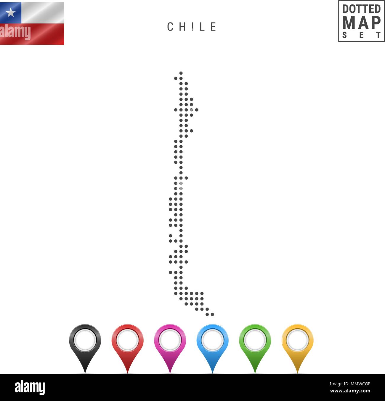 Vektor gepunktete Karte von Chile. Einfache Silhouette von Chile. Die Nationalflagge von Chile. Eingestellt von bunten Karte Markierungen Stock Vektor