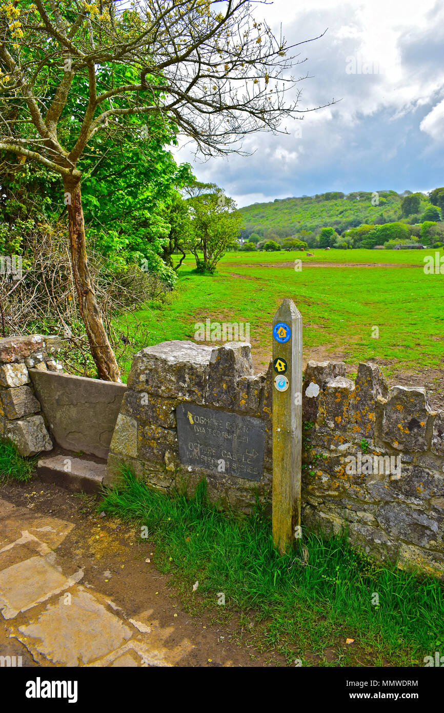 Ein traditionelles Stein Stil in einer Steinmauer gesetzt. Diese Landschaft zu Fuß ist Teil der walisischen Küste Pfad & ist zwischen Ogmore Schloss und Ogmore nach unten. Stockfoto