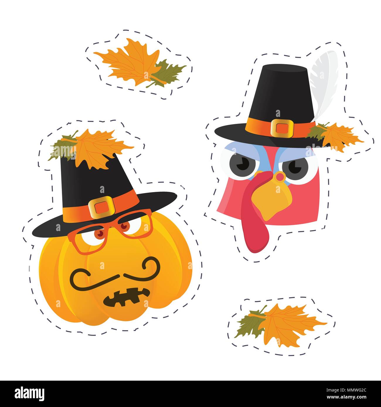 Aufkleber für Thanksgiving Tag: Türkei Vogel und Kürbis mit pilgrim Hut auf. Stock Vektor
