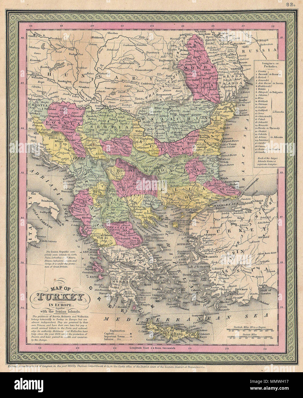 . Englisch: Ein äußerst attraktives Beispiel für S. A. Mitchell Sr map's 1853 der Türkei in Europa. Diese Karte, wenn das Osmanische Reich viel von der Region kontrolliert, was ist heute in der Türkei, Griechenland, Mazedonien, Kroatien, Bosnien, Serbien, Rumänien, Bulgarien, Mazedonien und Albanien. Osmanischen Provinzen sind farblich markiert und nummeriert. Durch die grüne Grenze gemeinsame zu Mitchell Karten aus den 1850s umgeben. Von S. A. Mitchell für Ausgestellt als Platte Nr. vorbereitet 62 In der Ausgabe 1853 seines neuen Universal Atlas. Veraltet und urheberrechtlich geschützt," eingetragen nach dem Gesetz des Kongresses, im Jahr 1850, von Thomas Cowper Stockfoto