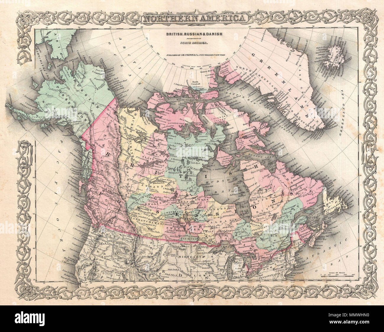 . Englisch: Eine ausgezeichnete erste Ausgabe Beispiel Coltons seltene Karte dokumentieren, Kanada, oder genauer gesagt, britischen, russischen und dänischen Betriebe in Nordamerika. Deckt den Kontinent vom modernen Alaska (Russisch Amerika) auf Grönland (Dänemark) und von der US-Grenze im Norden in die Arktis. Verfügt über Island. Hand in pink, grün, gelb und blau Pastell gefärbt. Durch Coltons typischen Spirale Motiv Rahmen umgeben. Zu J. H. Colton, 1855 datiert und urheberrechtlich geschützt. Da die Seite No. 3 in Band 1 von der ersten Auflage der George Washington's Colton 1855 Atlas der Welt. Britische, Russ Stockfoto