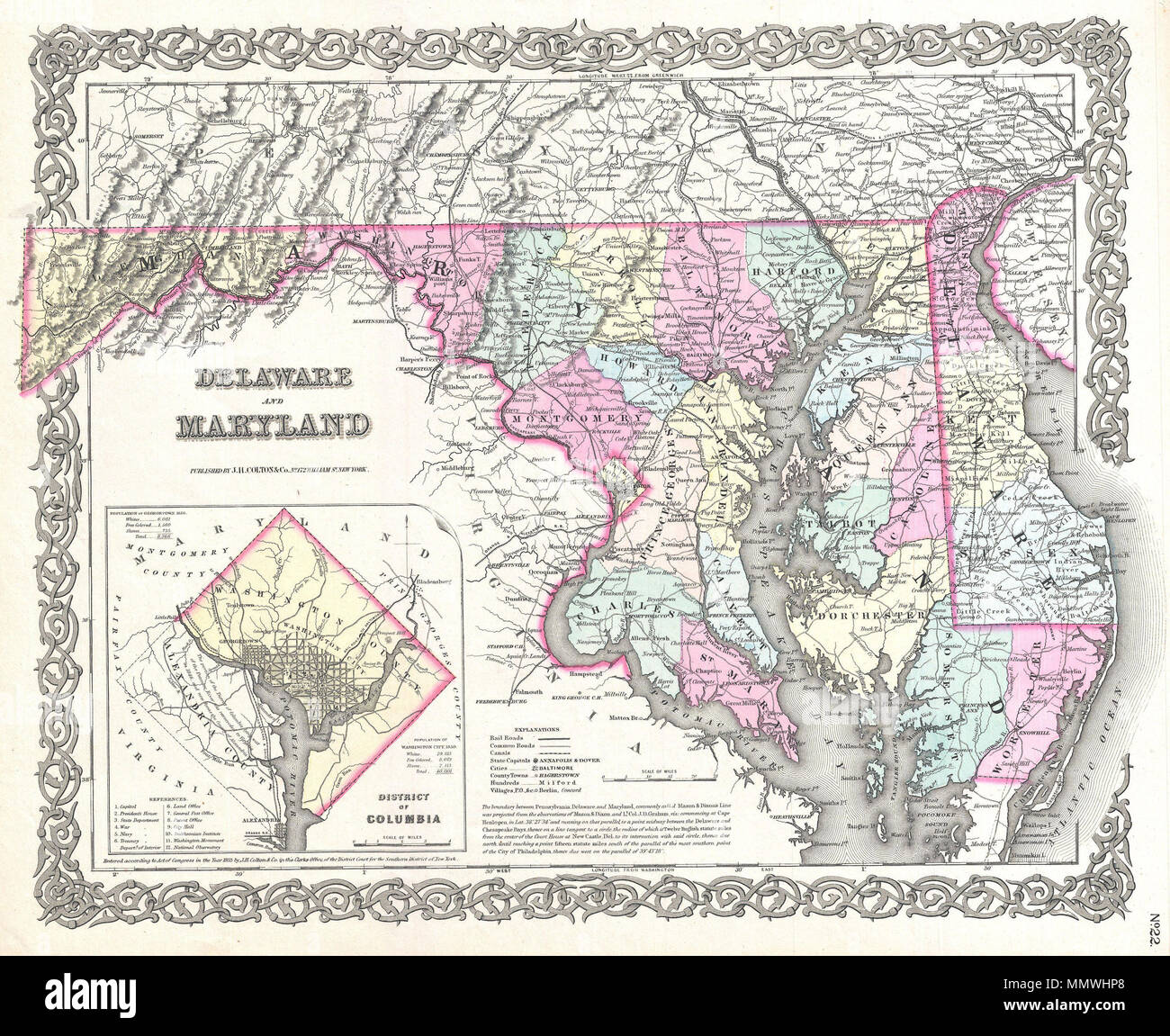 . Englisch: Eine schöne 1855 Erste Ausgabe Beispiel Coltons Karte von Delaware. Deckt sowohl die Delaware und Maryland, sowie Teile der angrenzenden Staaten. Wie die meisten Coltons state Maps, diese Karte ist weitgehend von einer früheren Karte von Nordamerika produziert von Colton und D. Griffing Johnson abgeleitet. Colton identifiziert verschiedene Städte, Städte, Festungen, Flüsse, Stromschnellen, Furten, und eine Auswahl an zusätzlichen topographischen Details. Karte ist von Hand eingefärbt in den Farben rosa, grün, gelb und blau Pastell Grafschaft und staatliche Grenzen zu definieren. Eine große Einfügung der Distrikt von Columbia erscheint in der linken unteren Quad Stockfoto