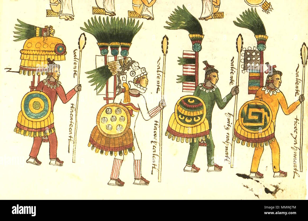 . Englisch: aztekischen Krieger. Sechs unterschiedliche Ebenen der militärischen Leistung sind im Codex Mendoza für junge Männer, die bestimmt sind, Priester zu werden dargestellt. Die erste ist ein Anfänger, der Capture gehabt hat. Er trägt eine einfache Rüstung ichcahuipilli oder gesteppte Jacke. Diejenigen, die hatte zwei erfasst wurden, eine weiße Feder verziert tlahuiztli, ein straff am Körper passen ausgezeichnet. Eine dritte Aufnahme berechtigt, die Krieger - Priester zu einem Verschleiß eine grüne tlahuiztli. Eine vierte Aufnahme berechtigt einen Priester eine bemerkenswerte schwarze und weiße konische hat aus dem Huaxtec Menschen von Veracruz angenommen zu tragen. Die weißen Punkte und swi Stockfoto