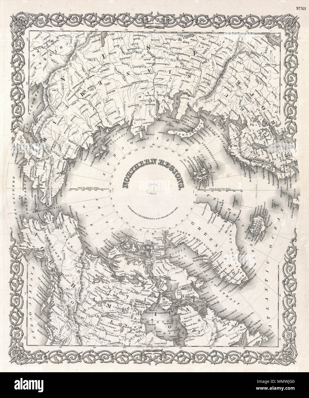 . Englisch: Diese seltene Handcolorierte Karte ist eine Kupfer Platte gravieren, dating bis 1855 durch die berühmte 19. Jahrhundert amerikanische Mapmaker J. H. Colton. Es ist eine Darstellung des Nordpols und ist formal mit dem Titel "nördlichen Regionen". Dies ist eine seltene und historisch wichtige Karte wie die polaren Regionen waren noch relativ unerforscht, wenn es gezeichnet wurde. Der Nordwesten und Nordosten Passagen sind abgegrenzt, und die meisten der Küsten von Nord- und Südamerika, Europa und Asien sind mit relative Genauigkeit dargestellt. Von J.H.Coltons 172 William Str. Büro in New York veröffentlicht. In den nördlichen Regionen. 1855 (veraltet). 1. Stockfoto