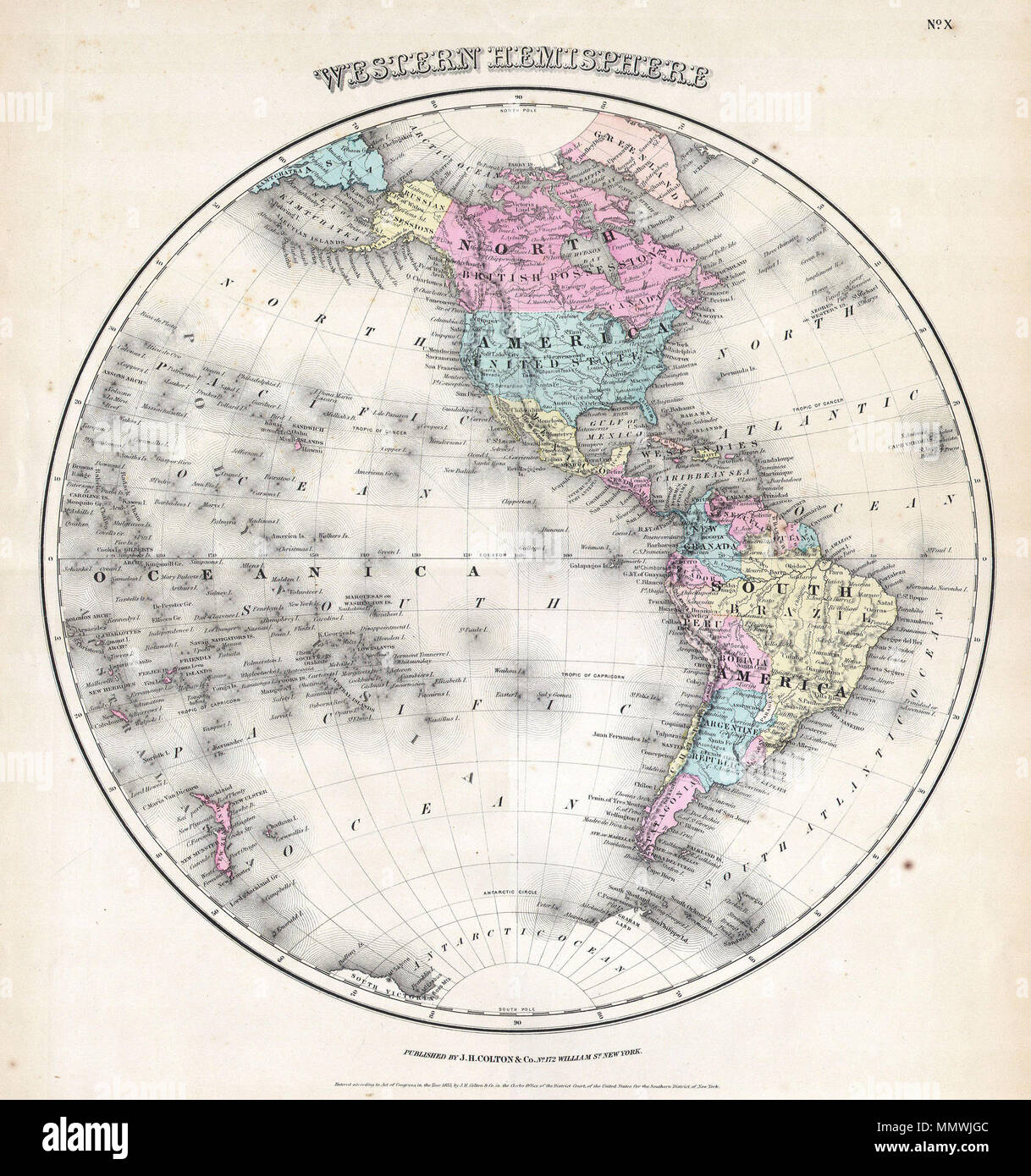 . Deutsch: Karte der westlichen Hemisphäre von J.H.Coltons 1855 Atlas der Welt. Karte ist eine Lithographie von einer Stahlplatte Gravur. Schöne Farbe. Fantastisches detail. Gedruckt auf 172 William Street, New York, 1855. Der westlichen Hemisphäre. 1855. 1855 Colton Karte der westlichen Hemisphäre - Geographicus - HemiWest-c-55 Stockfoto