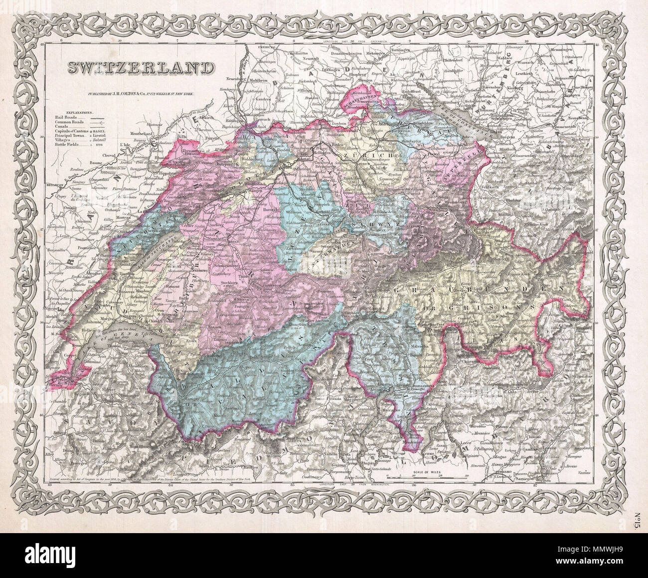 Englisch: Eine schöne 1855 Erste Ausgabe Beispiel Coltons Karte der  Schweiz. Die Farbe je nach Kanton codiert. Im gesamten, Colton  identifiziert verschiedene Städte, Dörfer, Flüsse und eine Auswahl an  zusätzlichen topographischen