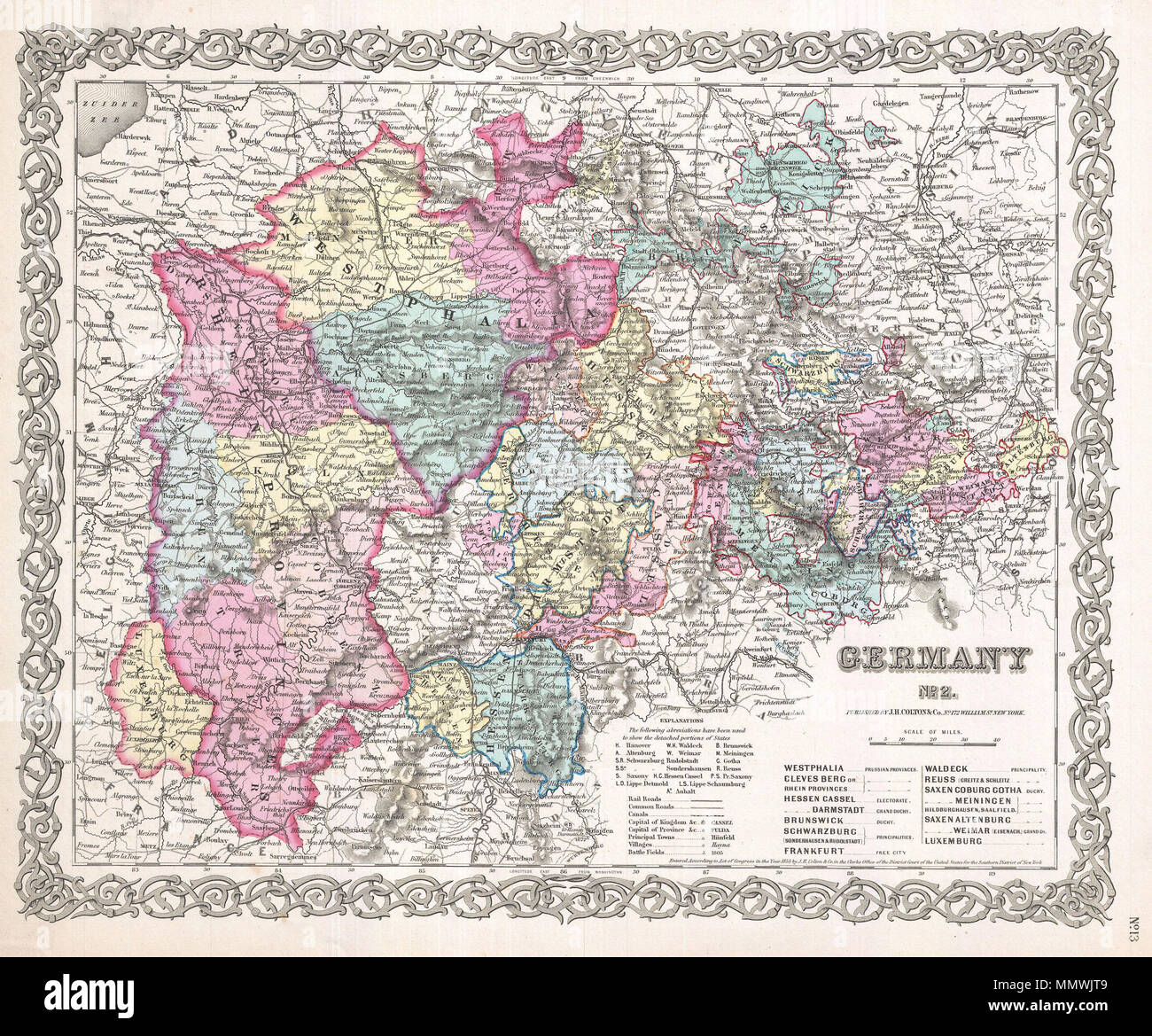 . Englisch: Eine schöne 1855 Erste Ausgabe Beispiel Coltons Karte von Westdeutschland. Deckt die 19 deutschen Provinzen Westfalen, der Rhein Provinzen, und zahlreiche kleinere Regionen. Geteilt und die Farbe je nach regionalen Gliederungen codiert. Im gesamten, Colton identifiziert verschiedene Städte, Städte, Festungen, Flüsse und eine Auswahl an zusätzlichen topographischen Details. Durch Coltons typischen Spirale Motiv Rahmen umgeben. Zu J. H. Colton, 1855 datiert und urheberrechtlich geschützt. Von Coltons 172 William Street Büro in New York City veröffentlicht. Wie Seite Nr. 13 in Band 2 der ersten Ausgabe von George Stockfoto