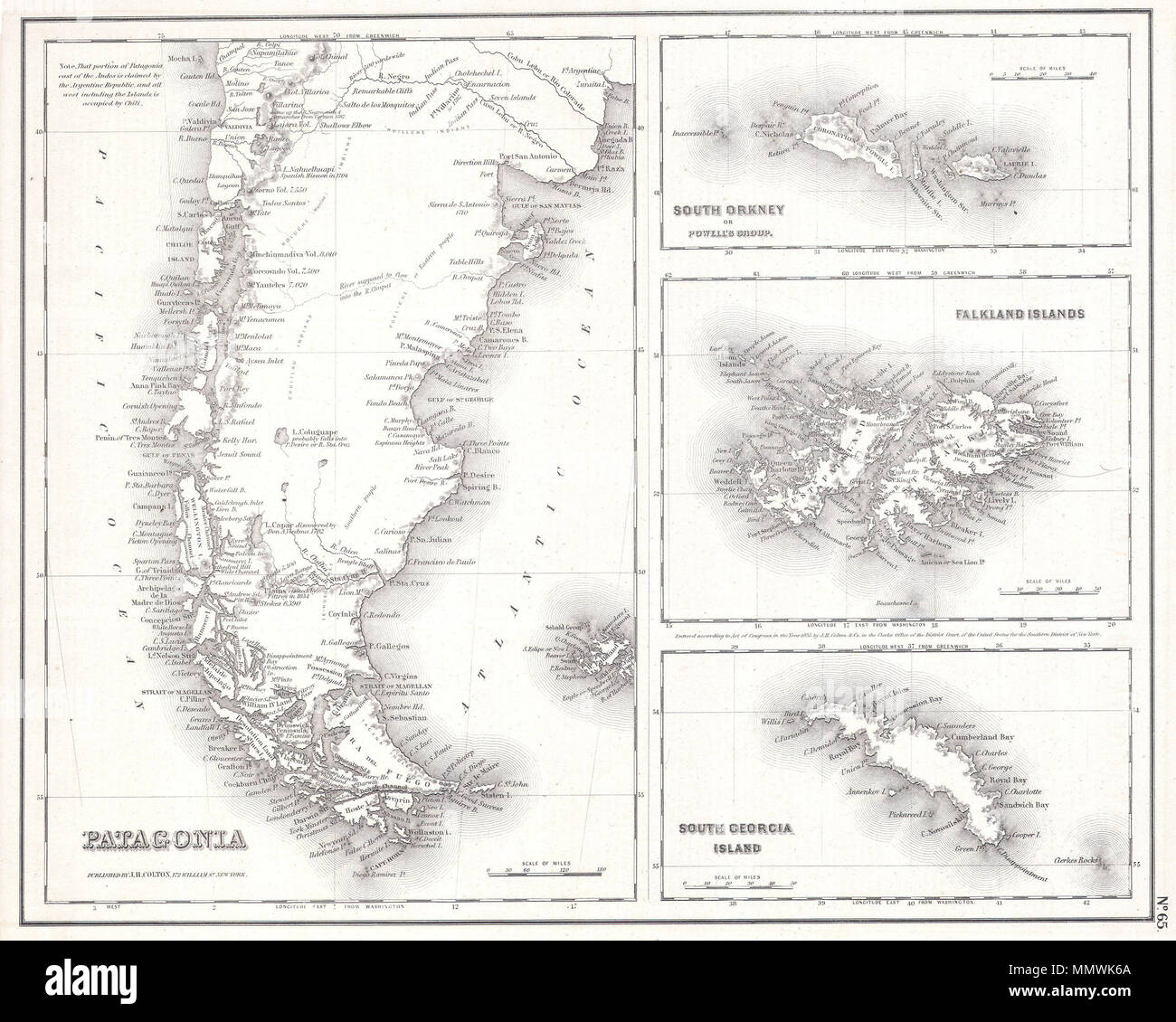 . Englisch: Seltene Karte von Patagonien (Argentinien) mit seitlicher Blende Karten von South Orkney (Powells Gruppe), den Falklandinseln und Südgeorgien Insel. Zeigt den Bereich Ausführlich einschließlich Notationen durch wichtige Entdecker, geographische Kommentar und politischen Daten. Veraltet und laut Gesetz des Kongresses im Jahr 1855 von J. H. Colton & Co. im Büro der Sekretärin des Bezirksgericht der Vereinigten Staaten für den südlichen Bezirk von New York." von J. B. Coltons 172 William Str. Büro in New York veröffentlichten urheberrechtlich geschützten" eingetragen. Patagonien. - South Orkney oder Powell's Gruppe. - Falkl Stockfoto