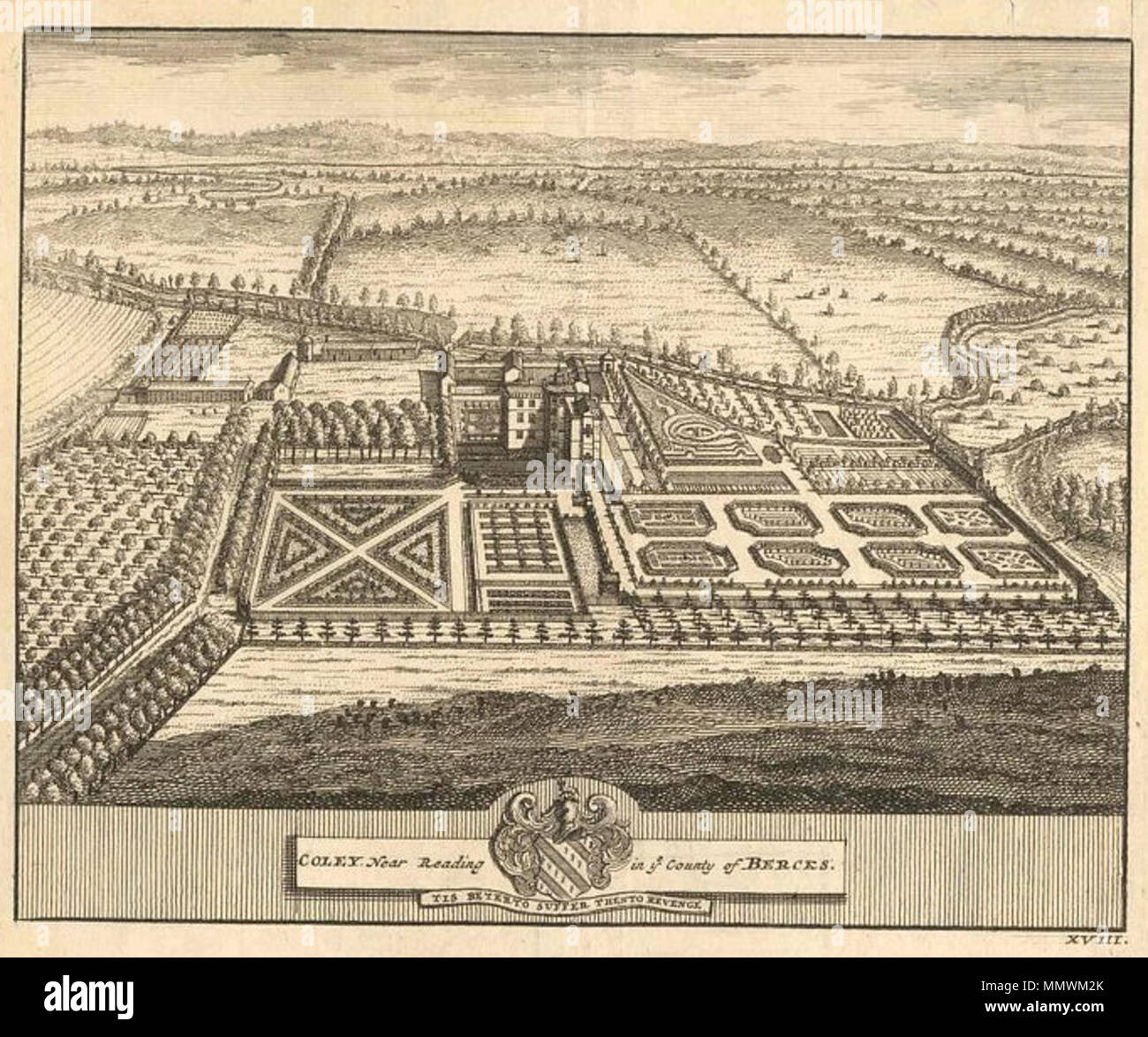 . Englisch: Coley Park, Lesen, als ob aus der Luft gesehen, zeigt das Haus und die Gärten, mit dem Wappen der Familie Vachell unten: Drucken mit dem Titel 'Coley in der Nähe von Reading in ihr Grafschaft von Bercks." Eine identische Drucken in Kopien von Lysons'' Berkshire", heißt es, dass es gezeichnet wurde durch L. Knyff. 1700-1709. . Zwischen 1700 und 1709. L. Knyff Coley Park, 1700-1709 von L. Knyff Stockfoto
