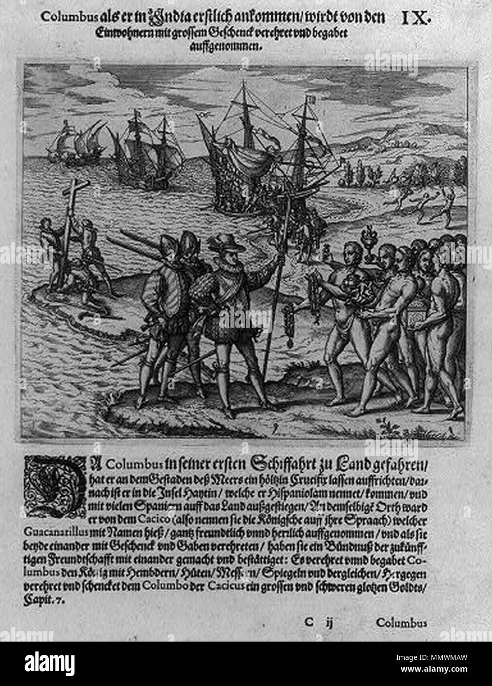 . English: Kolumbus Ankunft in der neuen Welt auf Hispaniola, 6. Februar 1492; Von Arawak Indianern begrüßt. Kupferstich; Kolumbus; Indianer; Haiti. Englisch: Kolumbus' Ankunft in der Neuen Welt auf Hispaniola, 6. Dezember 1492; durch Arawak Indianer erhalten. Kupferstich; Columbus; Native American; Haiti. Español: La llegada de Colón en El Nuevo Mundo en La Española, 6 November, 1492, Recibido por los Indios Arawak. Grabado de Cobre; Colón; nativos americanos; Haití. Français: L'Arrivée de Columbus dans le Nouveau Monde sur Hispaniola, 6. Dezember 1492; Beispiele par les Indiens Arawak. Tiefdruck Stockfoto