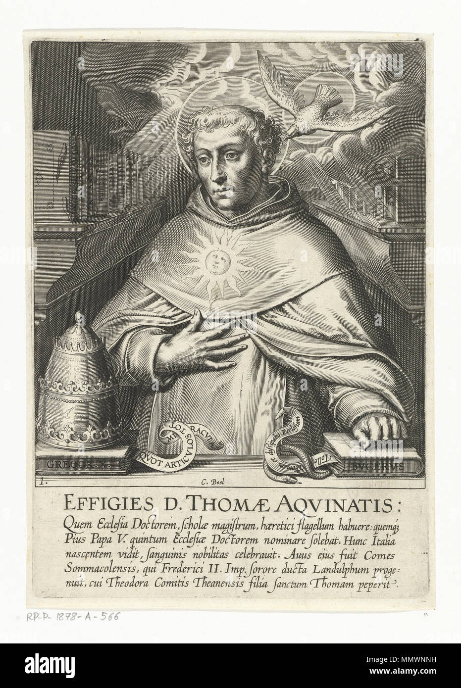 . Français: Saint Thomas d'Aquin est dans une Bibliothèque, il Porte l'Habit dominicain. Une qui Lui souffle la Parole de Dieu dans l'oreille. . 1610. Cornelis Boel Cornelis Boel-Saint Thomas d'Aquin-RP-P-1878-A-566 Stockfoto