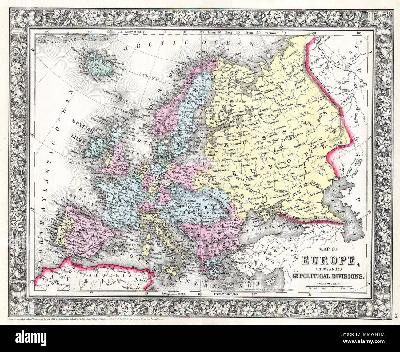 . Englisch: Diese Hand farbigen Karte ist eine Kupferplatte Gravur, das bis 1860 zurückgeht, die von der legendären amerikanischen Mapmaker S.A. Mitchell, der Jüngere. Es stellt alle Europa, einschließlich in den britischen Inseln, Skandinavien und Russland. Zeigt sowohl die politischen und geografischen Gegebenheiten. Karte ist veraltet und urheberrechtlich geschützt, 1860. Karte von Europa, zeigt seine Gt. Die politischen Spaltungen. 1860. 1860 Mitchell Karte von Europa - Geographicus - Europa - M-63 Stockfoto