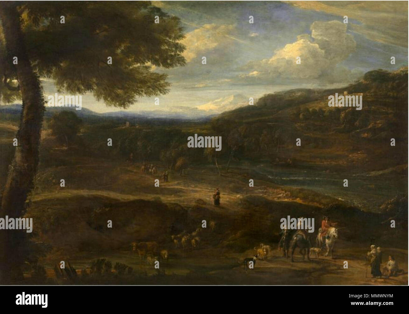 Landschaft mit Pferd, Reiter und Herden. zwischen 1663 und 1727. Cornelis Huysmans - Landschaft mit Pferd, Reiter und Herden Stockfoto