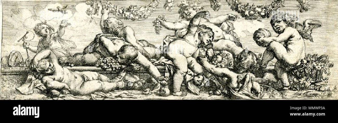 . Fries mit fünf Kinder spielen, einem Betrieb ein Vogel an einer Schnur an der Linken, Bacchus Holding eine Weintraube in der Mitte, die zwei Putten am rechten Fries mit fünf Kindern spielen. zwischen 1612 und 1655. Cornelis Schut - Frieze mit fünf spielende Kinder Stockfoto