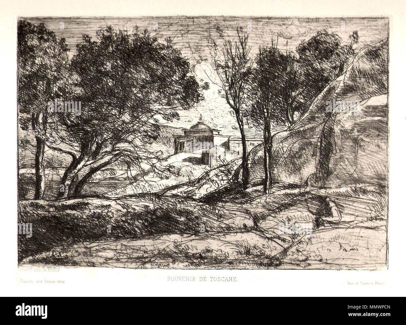 . Français: Souvenir de Toscane Englisch: Jean-Baptiste-Camille Corot: Souvenir de Toscane, original Radierung, 12,2 x 18 cm. Datum unbekannt. Jean-Baptiste-Camille Corot Corot-Souvenir de Toscane - original Radierung Stockfoto